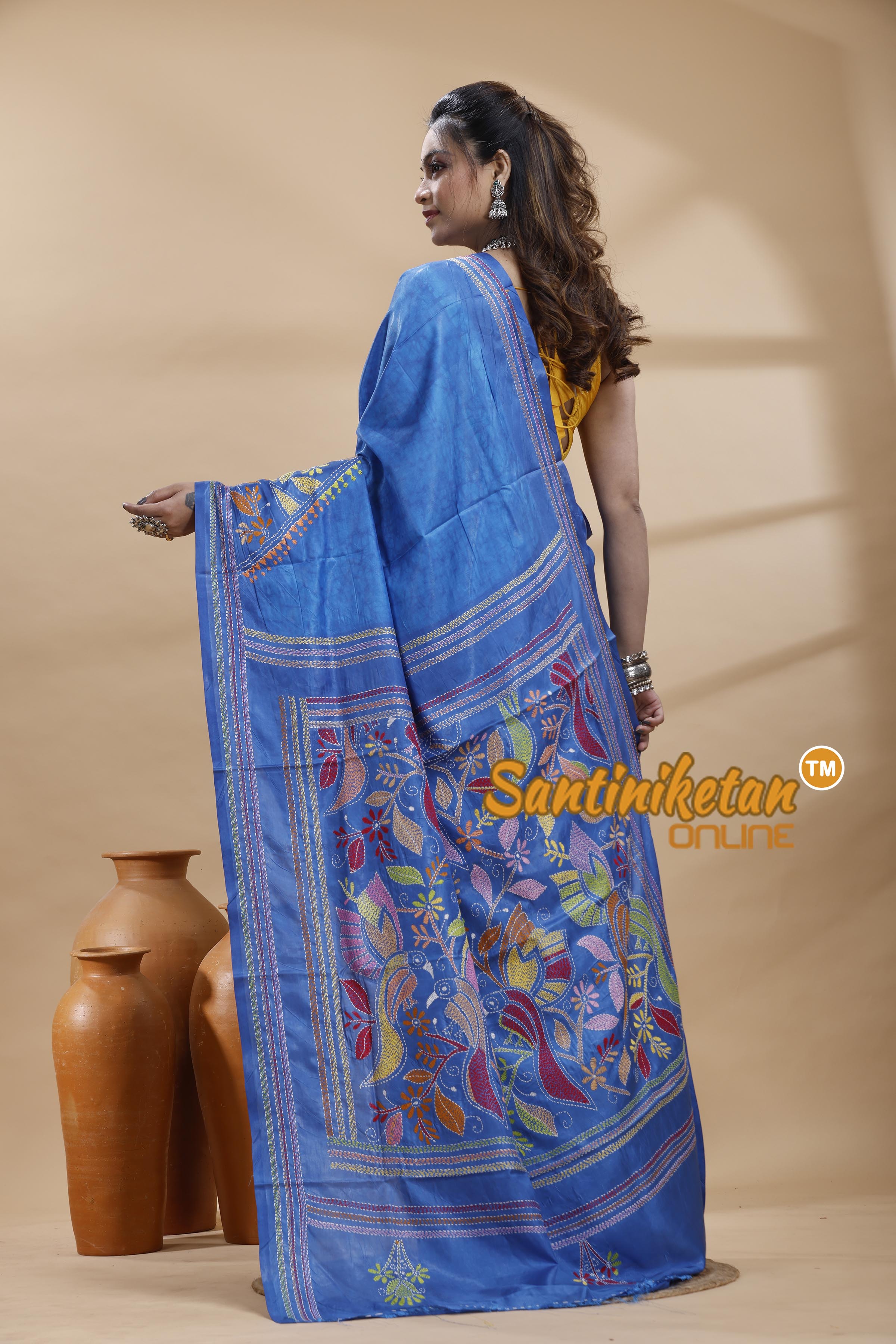 Bangalore Silk Batik Kantha Stitch Saree
