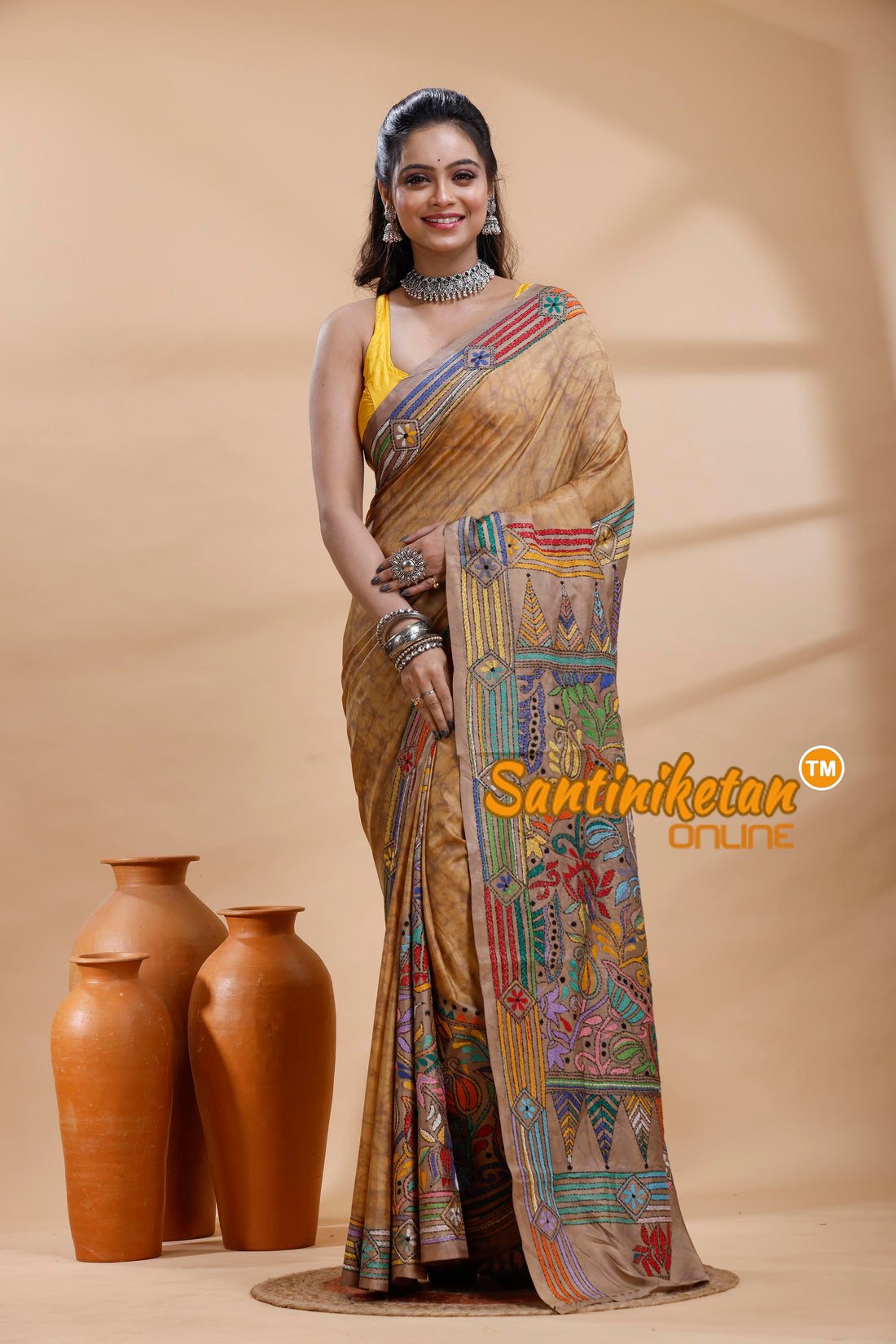 Bangalore Silk Batik Kantha Stitch Saree