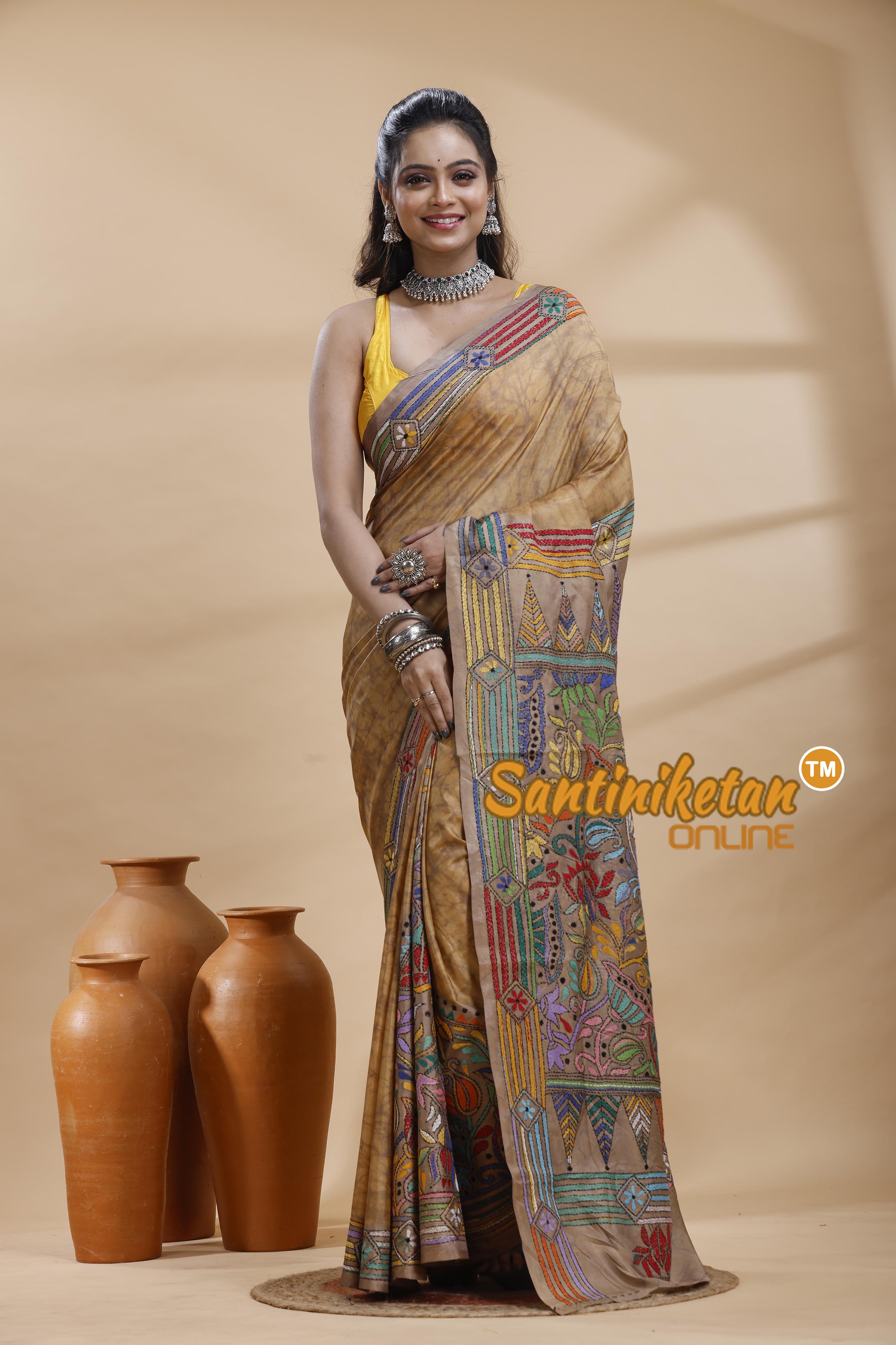 Bangalore Silk Batik Kantha Stitch Saree
