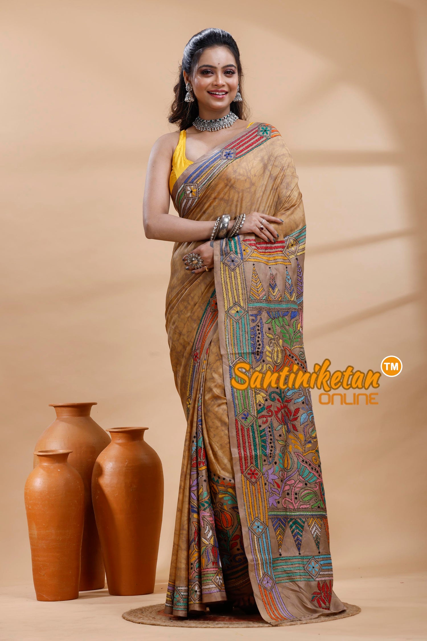 Bangalore Silk Batik Kantha Stitch Saree