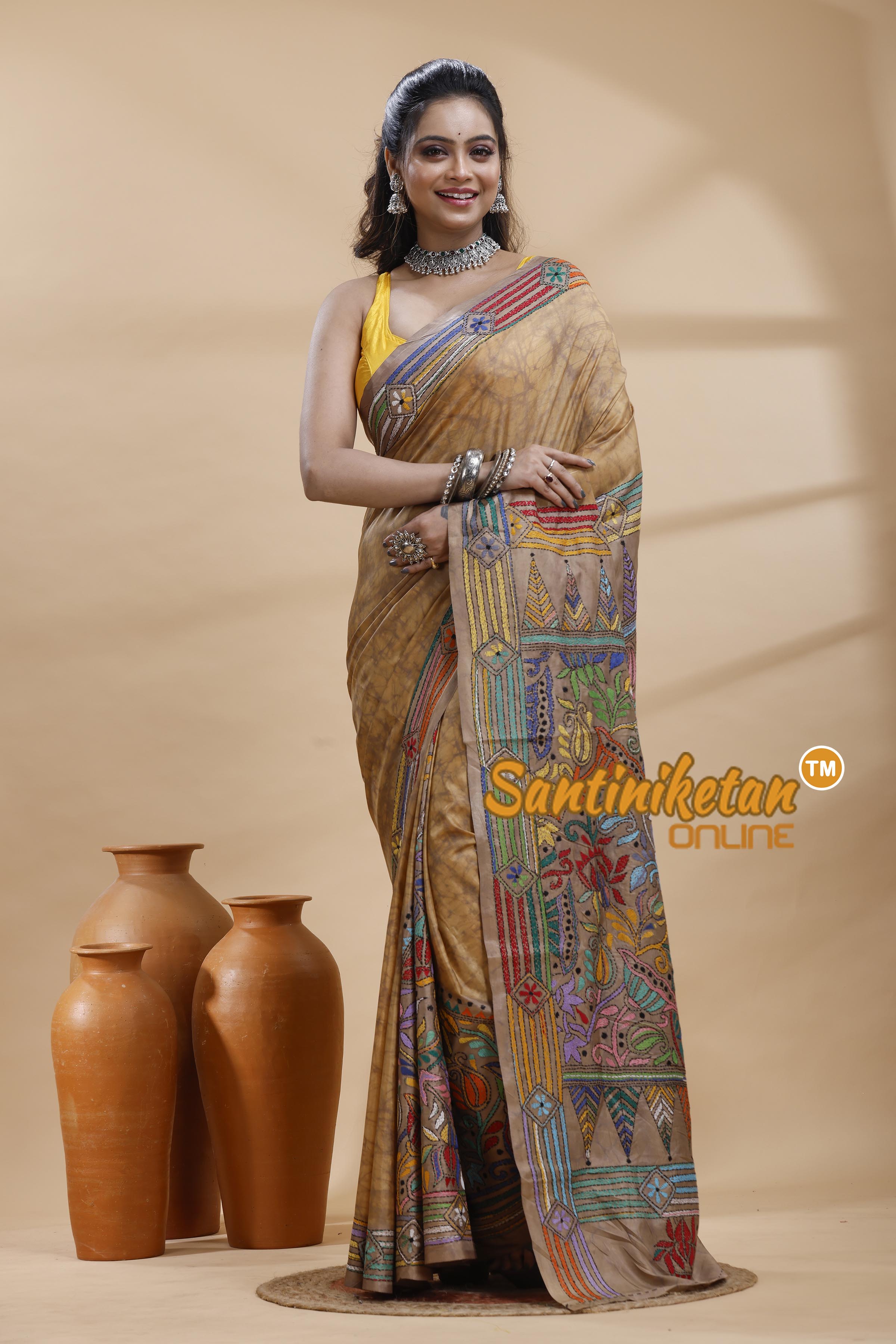 Bangalore Silk Batik Kantha Stitch Saree