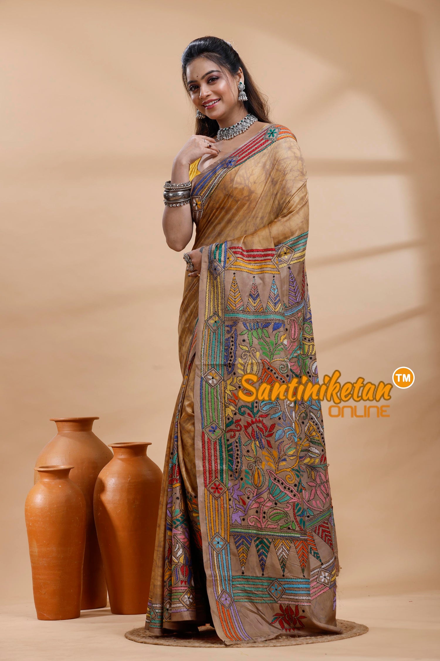 Bangalore Silk Batik Kantha Stitch Saree
