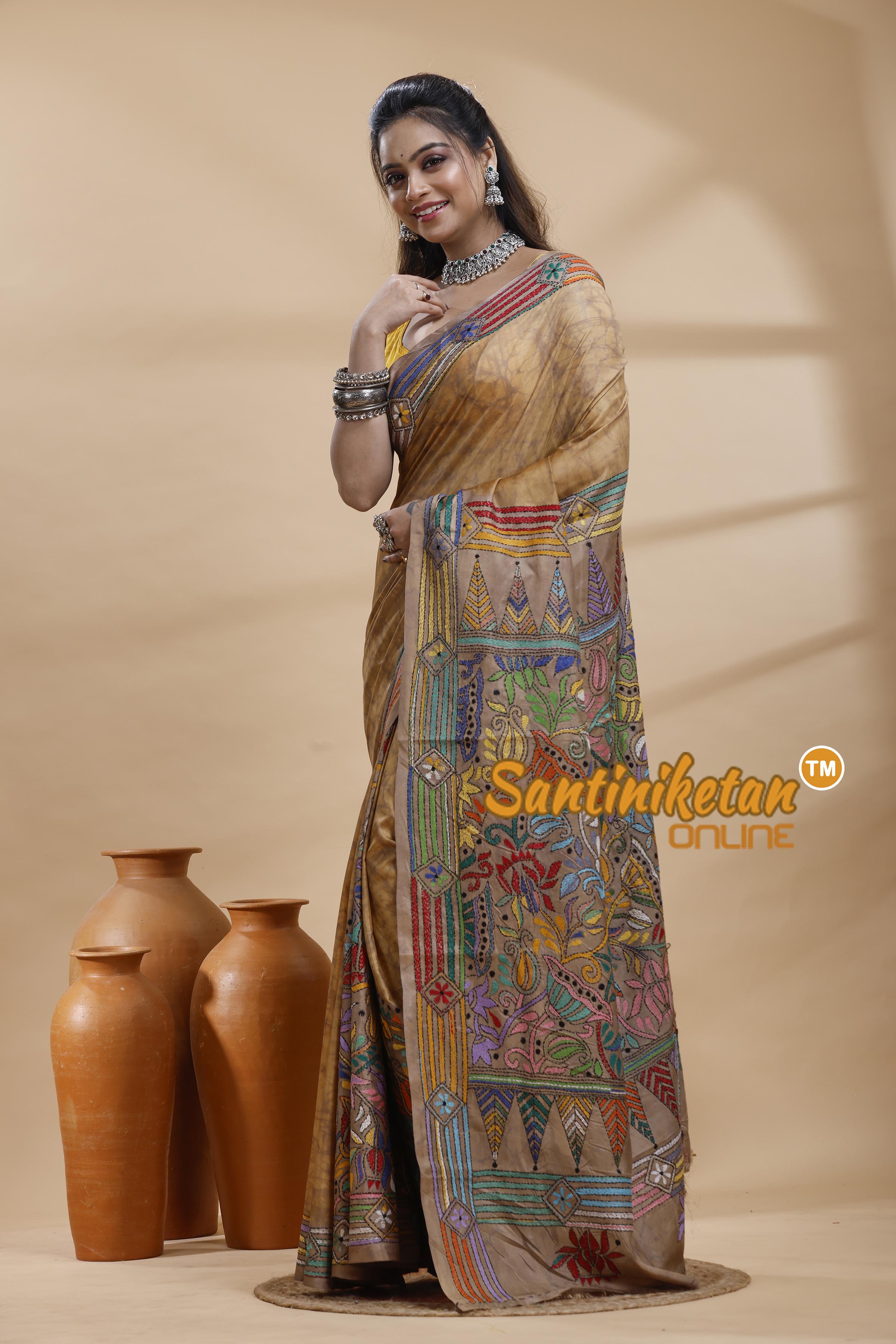 Bangalore Silk Batik Kantha Stitch Saree