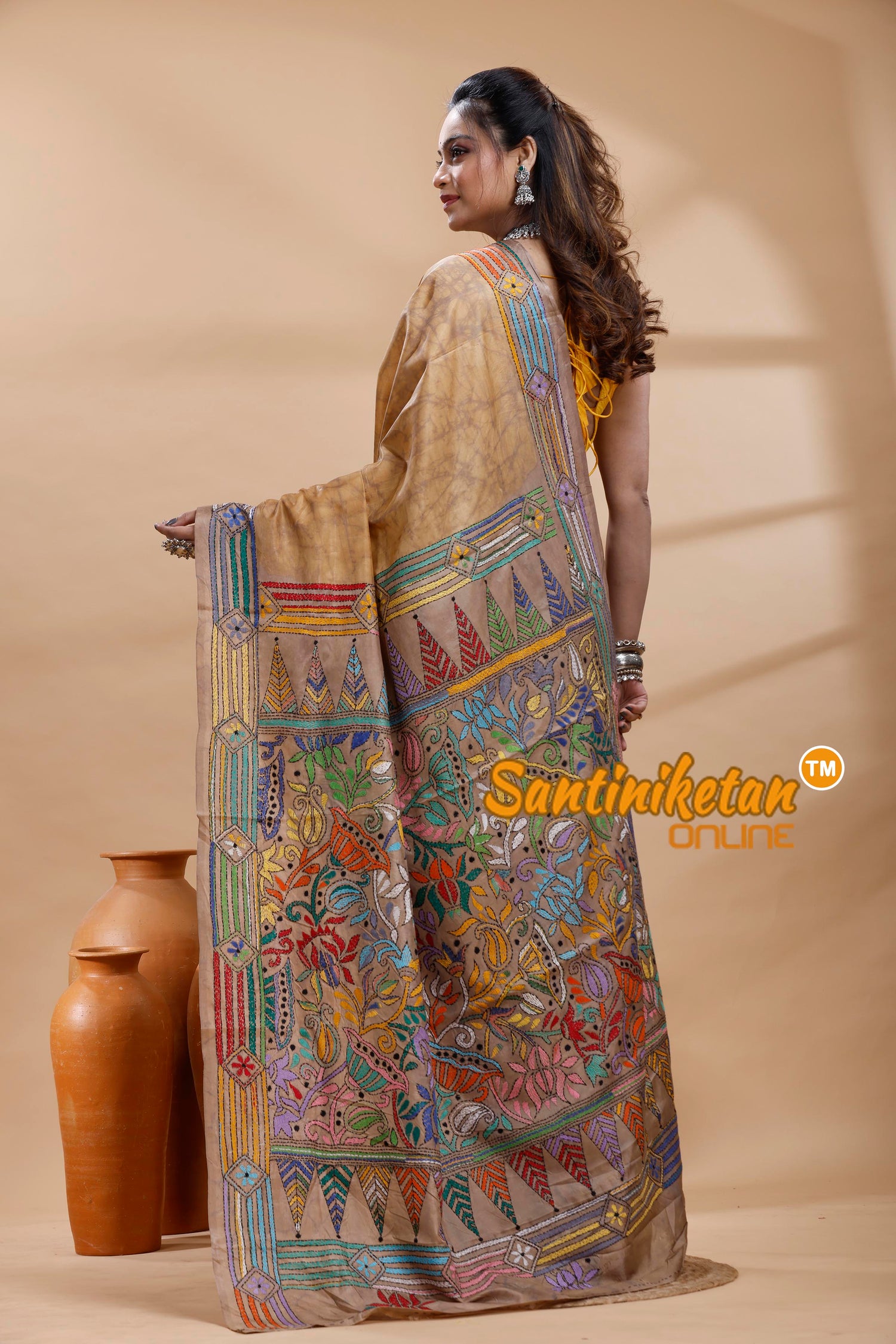 Bangalore Silk Batik Kantha Stitch Saree