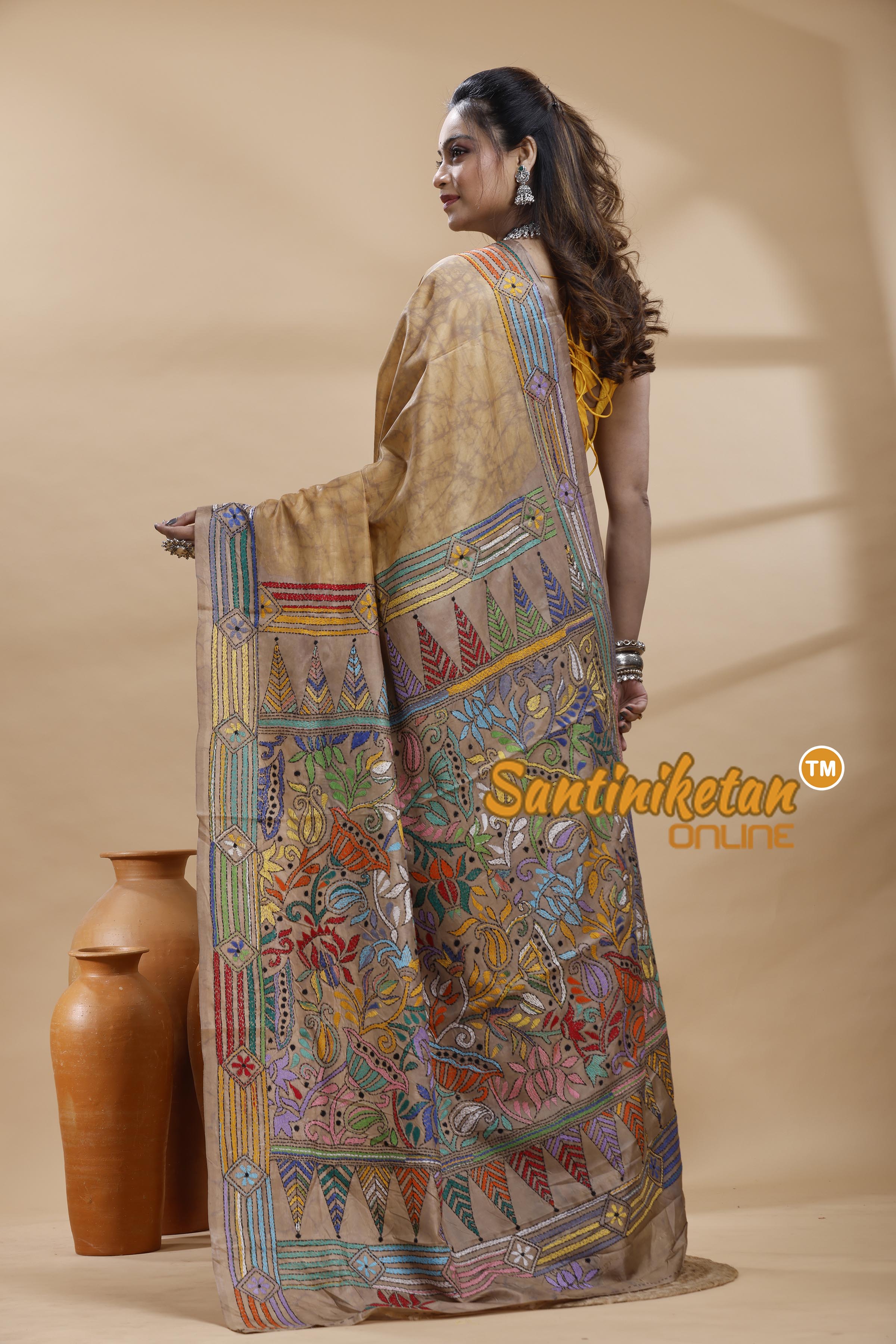Bangalore Silk Batik Kantha Stitch Saree