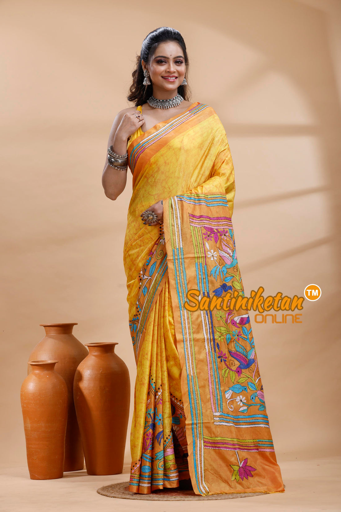 Bangalore Silk Batik Kantha Stitch Saree