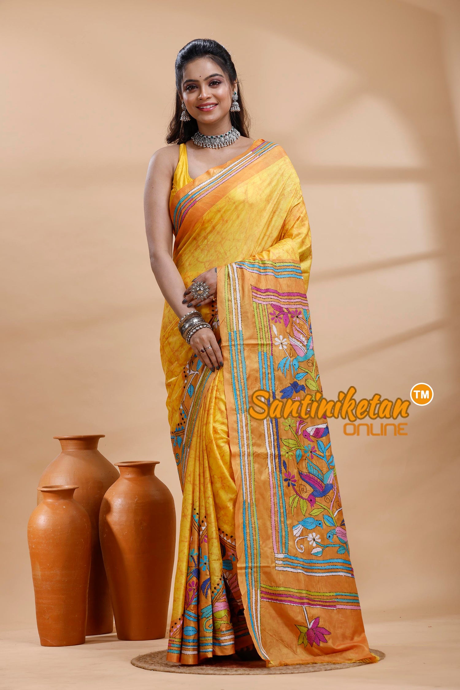 Bangalore Silk Batik Kantha Stitch Saree