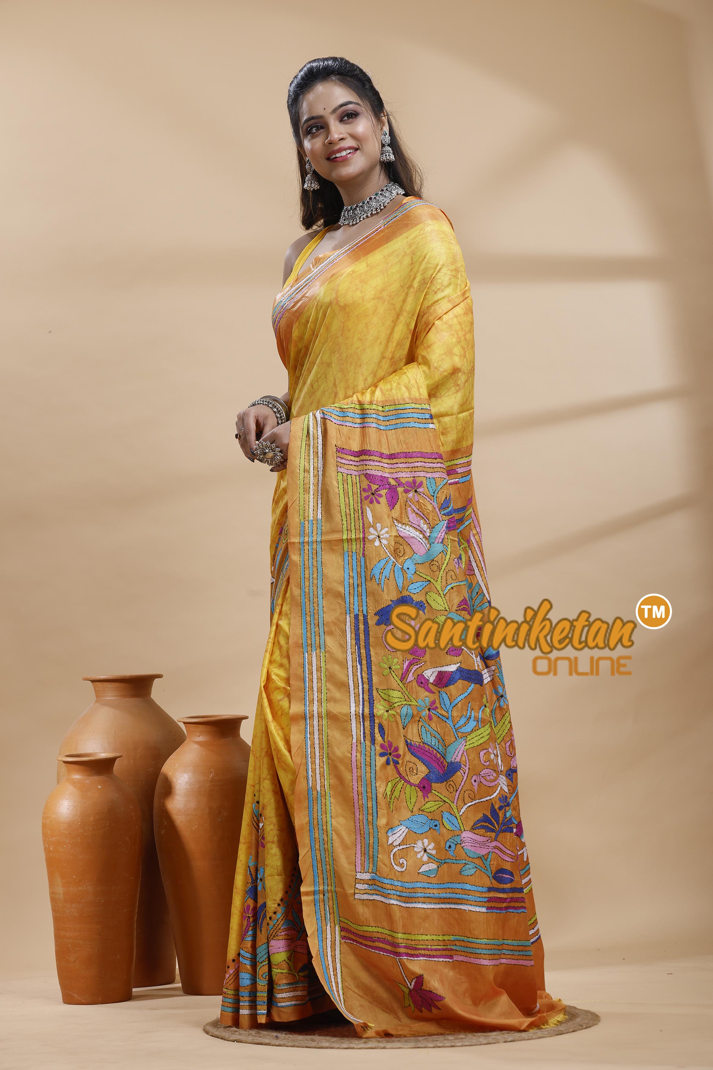Bangalore Silk Batik Kantha Stitch Saree