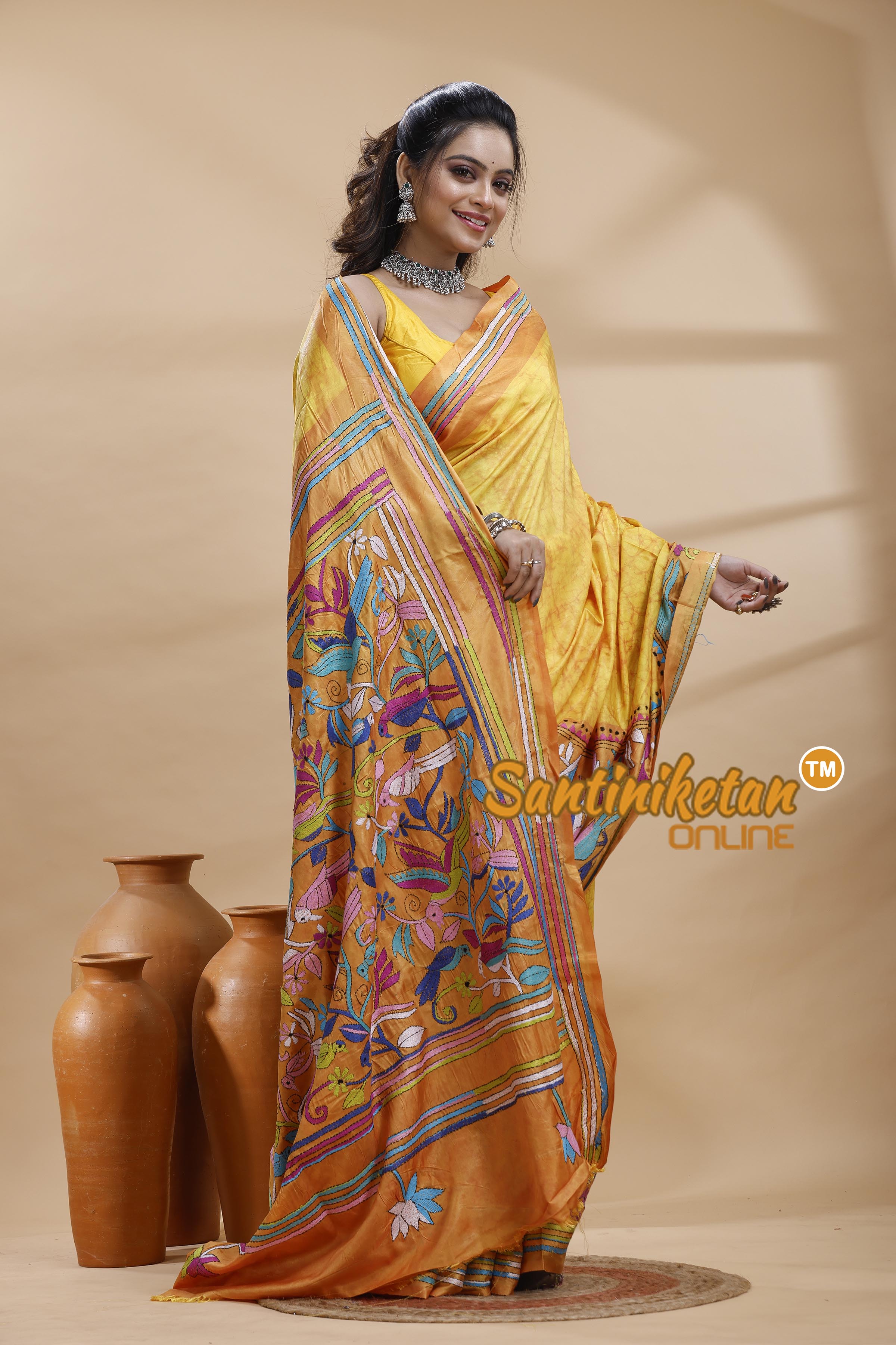 Bangalore Silk Batik Kantha Stitch Saree