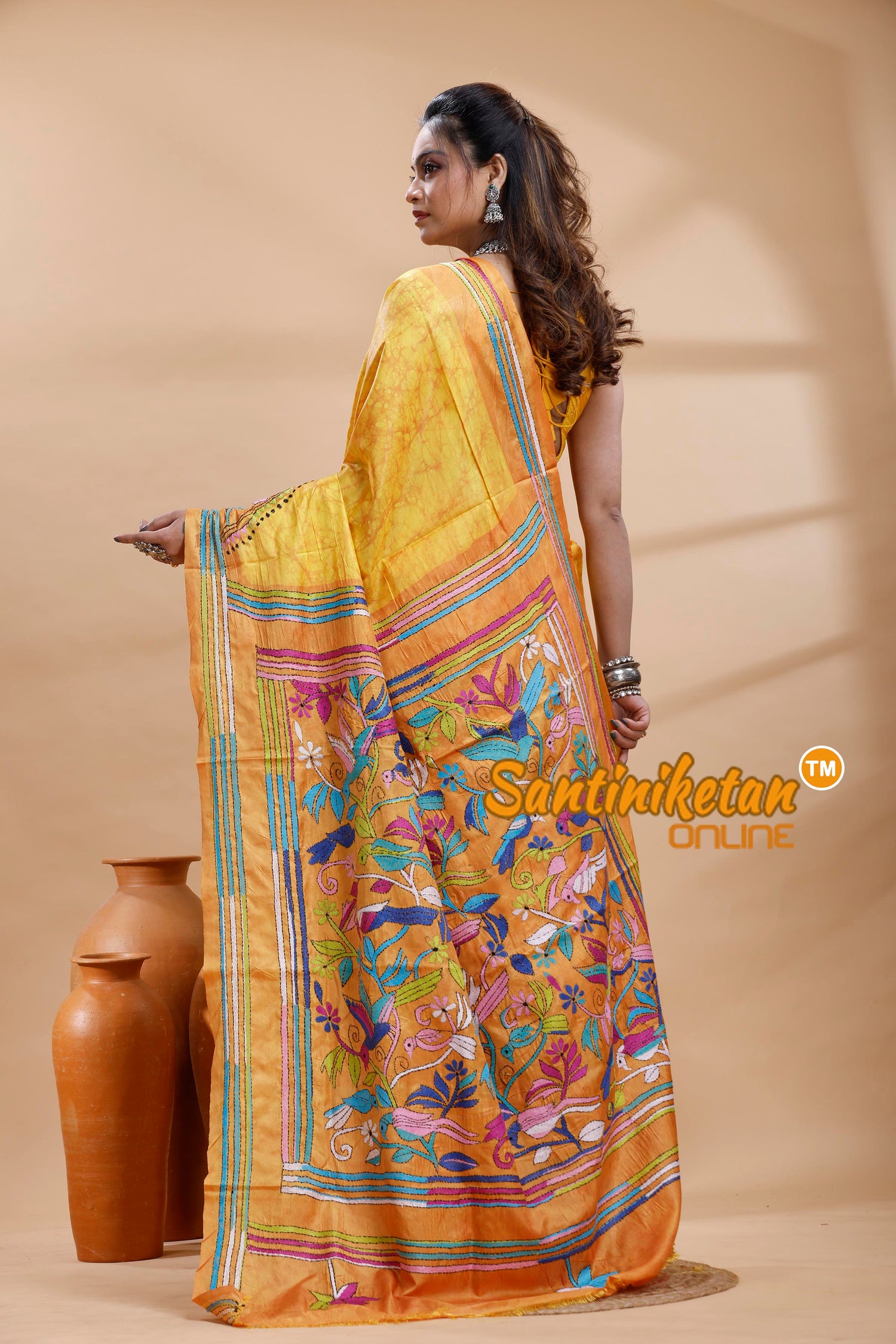 Bangalore Silk Batik Kantha Stitch Saree