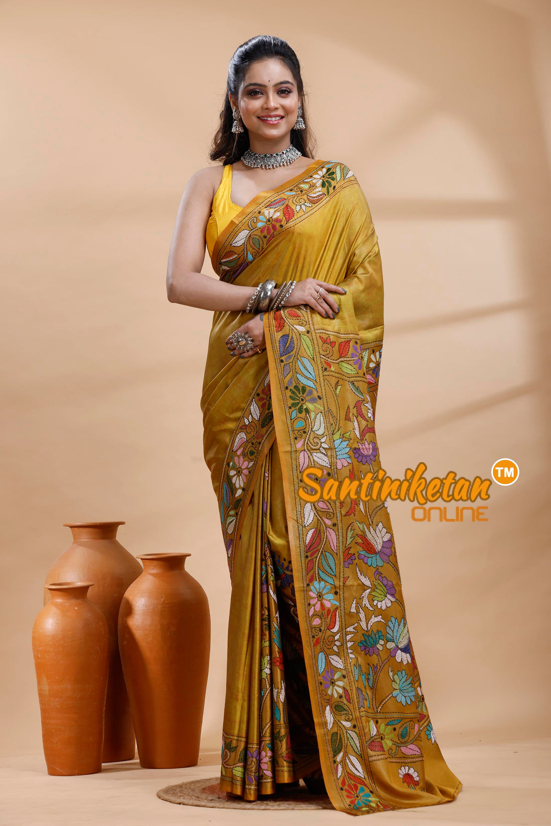 Bangalore Silk Batik Kantha Stitch Saree
