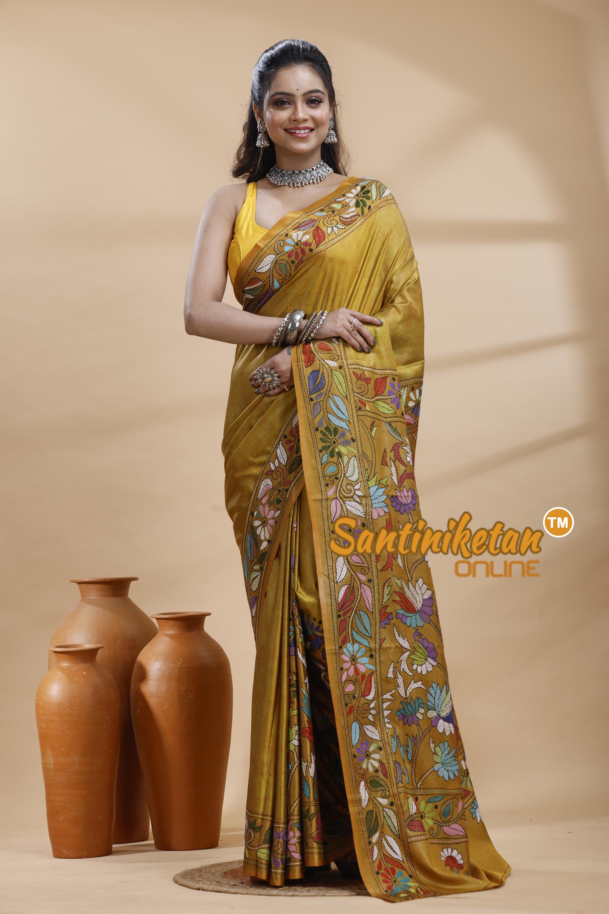 Bangalore Silk Batik Kantha Stitch Saree
