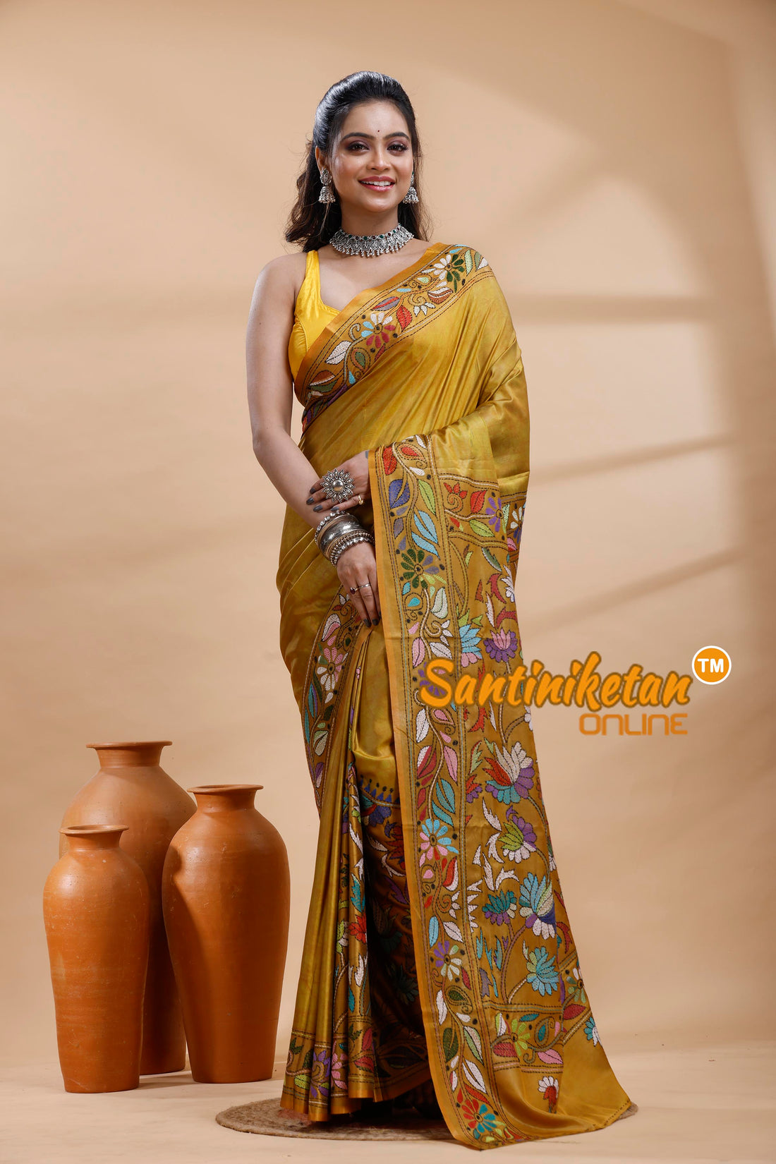 Bangalore Silk Batik Kantha Stitch Saree