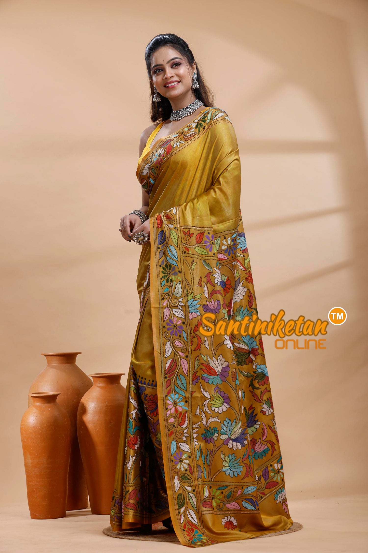 Bangalore Silk Batik Kantha Stitch Saree