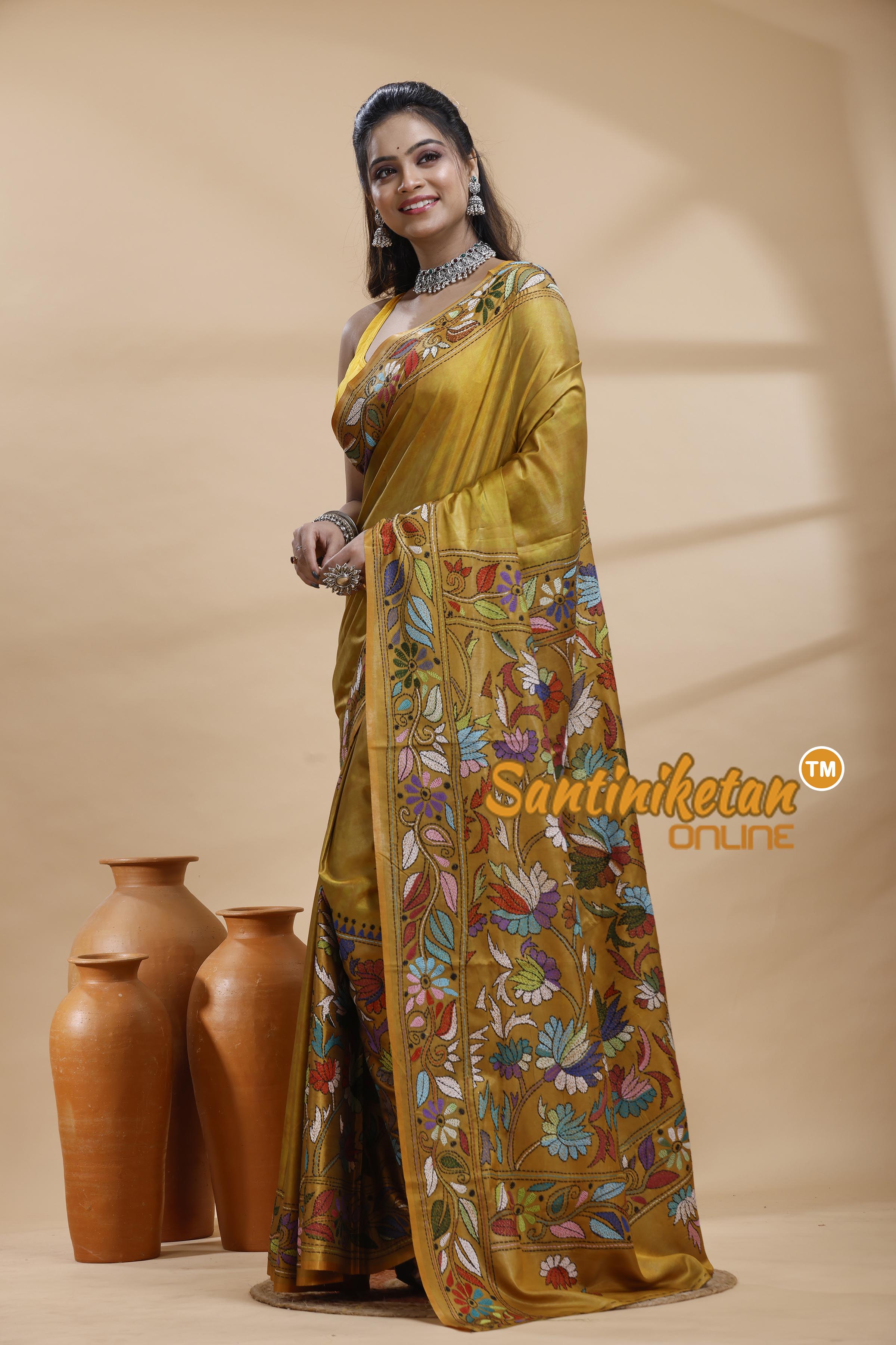 Bangalore Silk Batik Kantha Stitch Saree