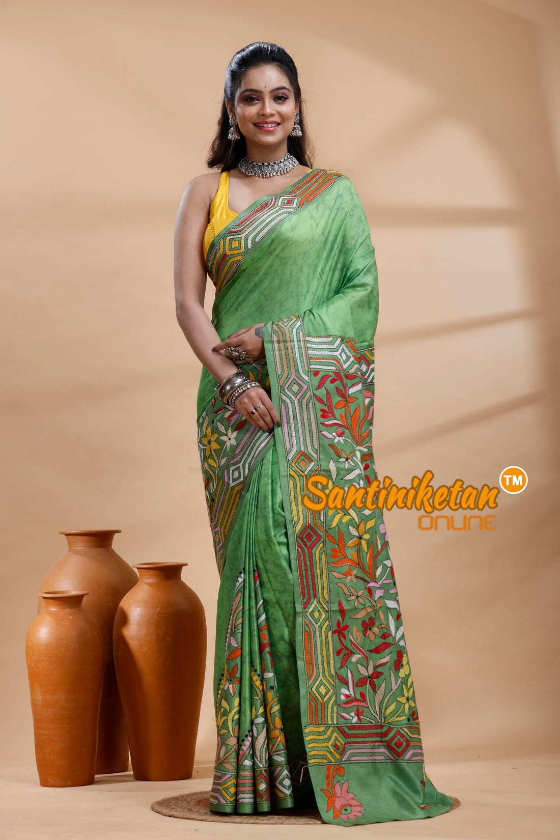 Bangalore Silk Batik Kantha Stitch Saree