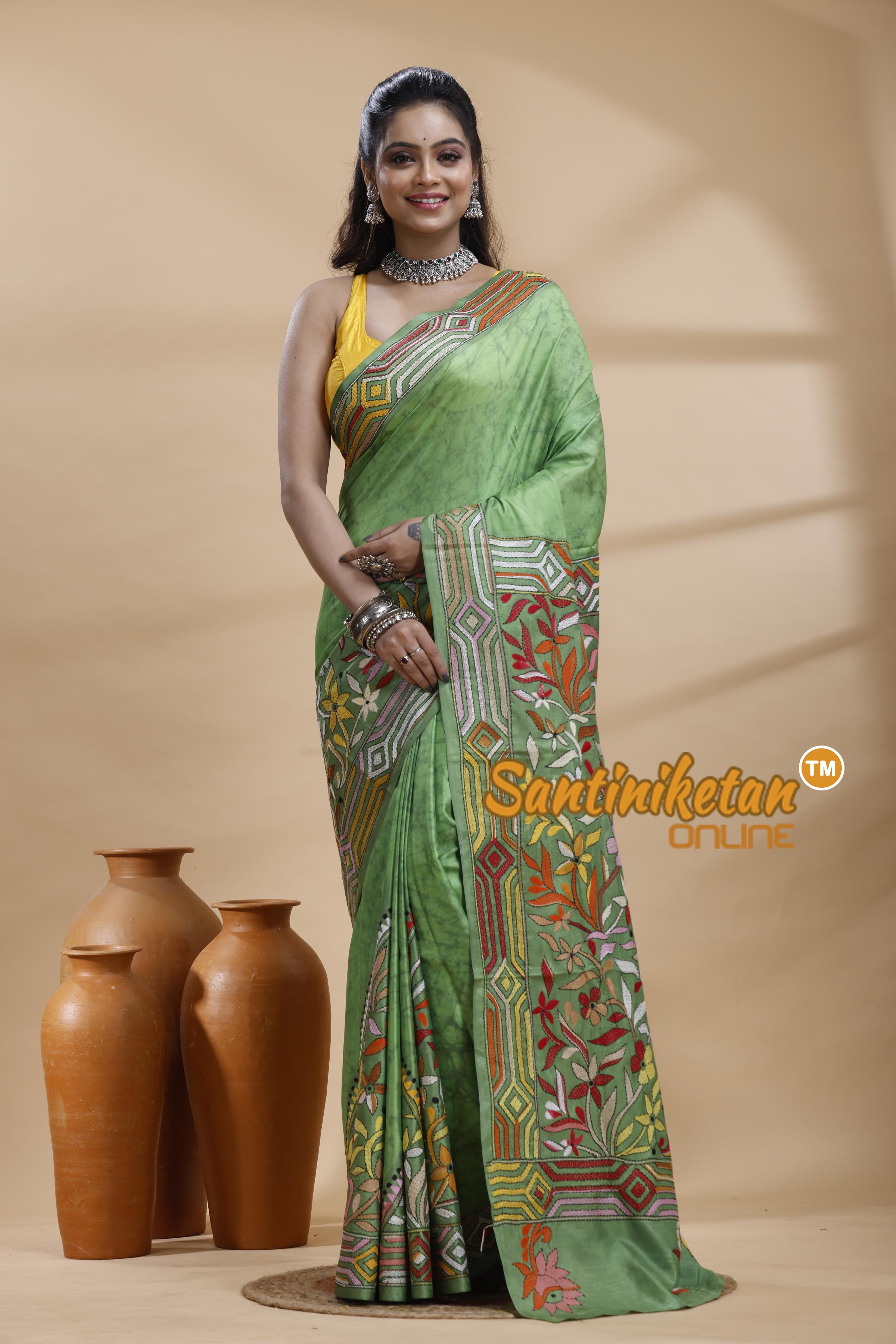 Bangalore Silk Batik Kantha Stitch Saree