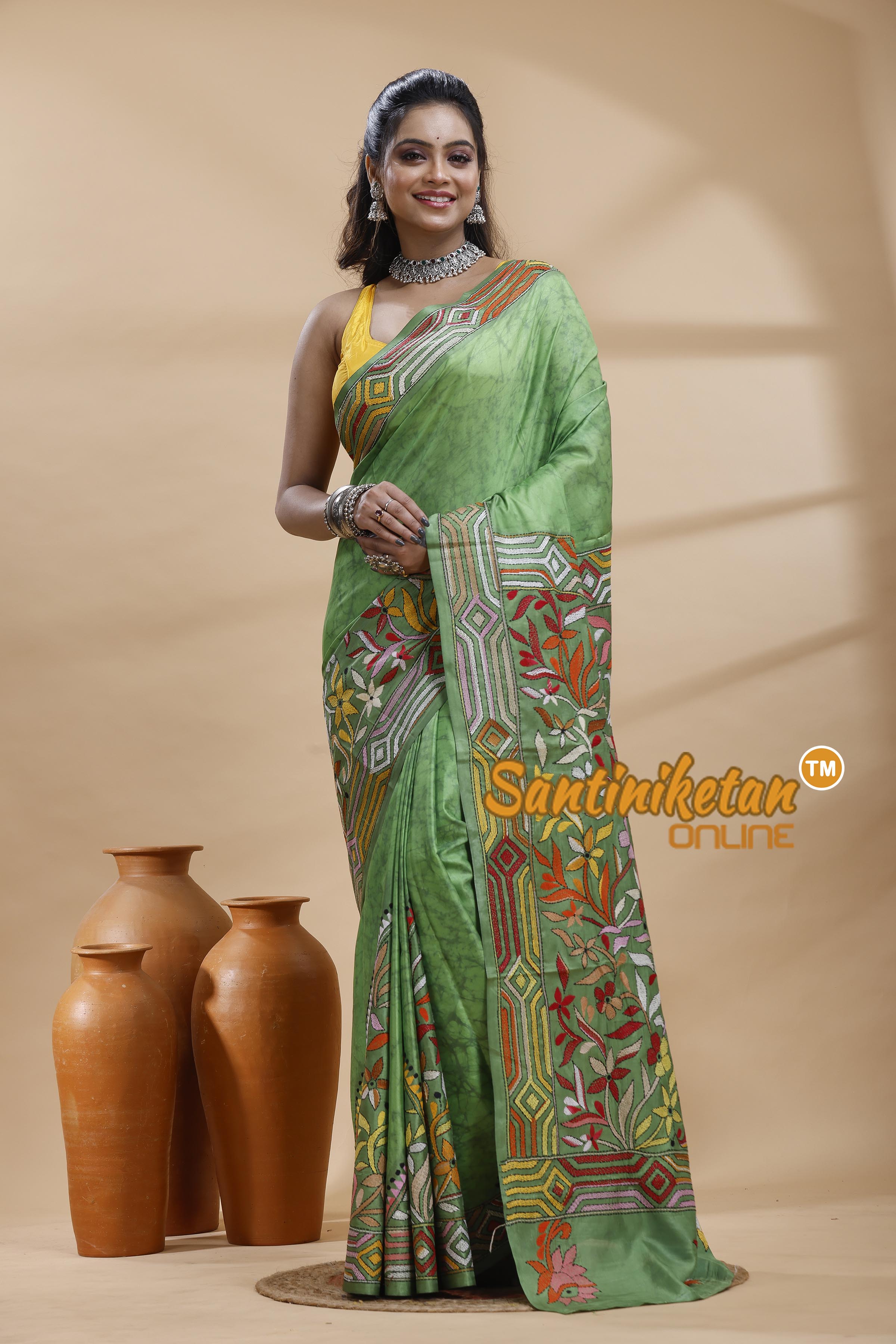 Bangalore Silk Batik Kantha Stitch Saree