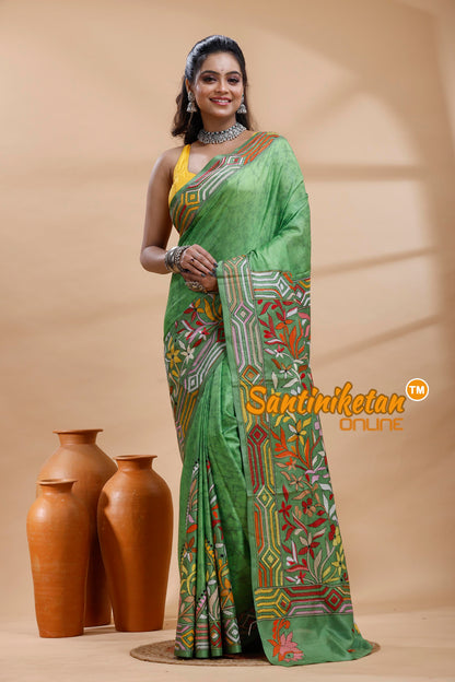 Bangalore Silk Batik Kantha Stitch Saree