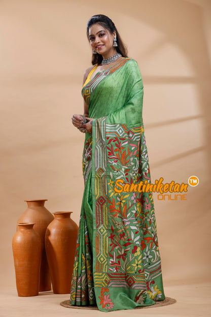 Bangalore Silk Batik Kantha Stitch Saree