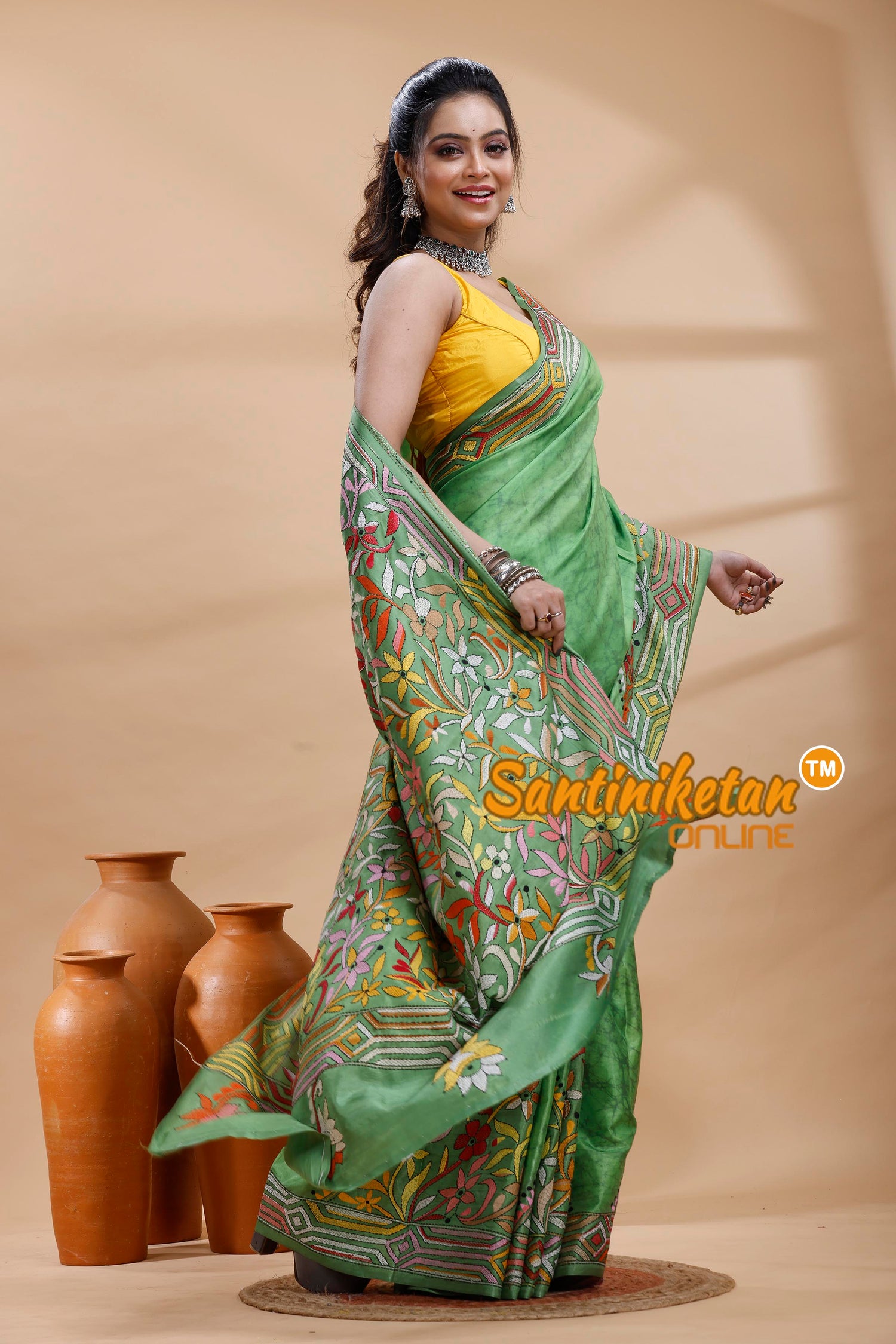 Bangalore Silk Batik Kantha Stitch Saree