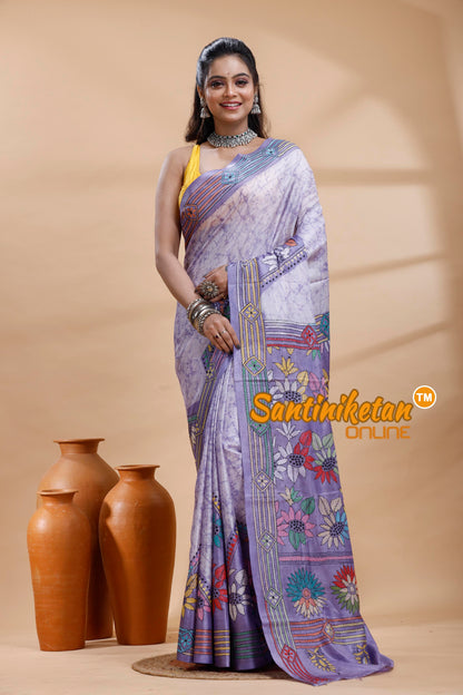Bangalore Silk Batik Kantha Stitch Saree