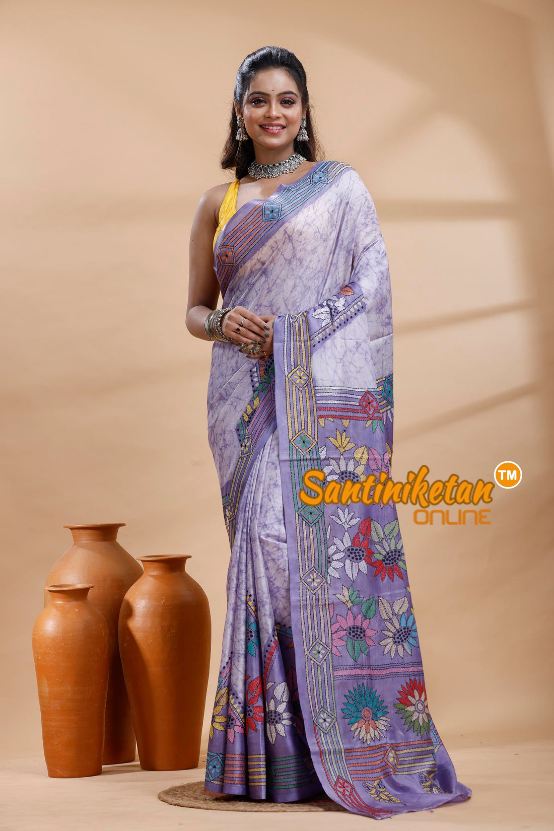 Bangalore Silk Batik Kantha Stitch Saree
