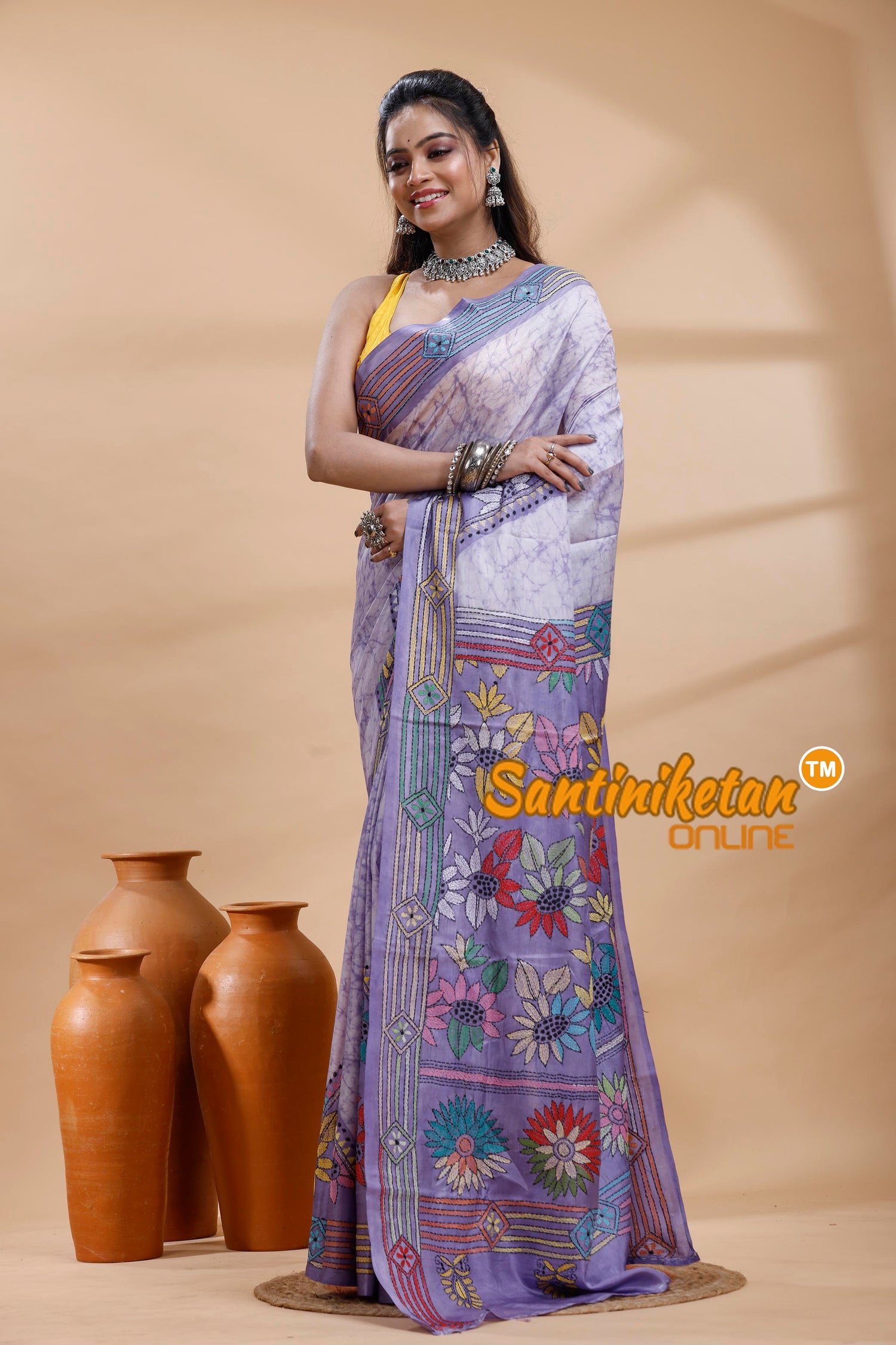 Bangalore Silk Batik Kantha Stitch Saree