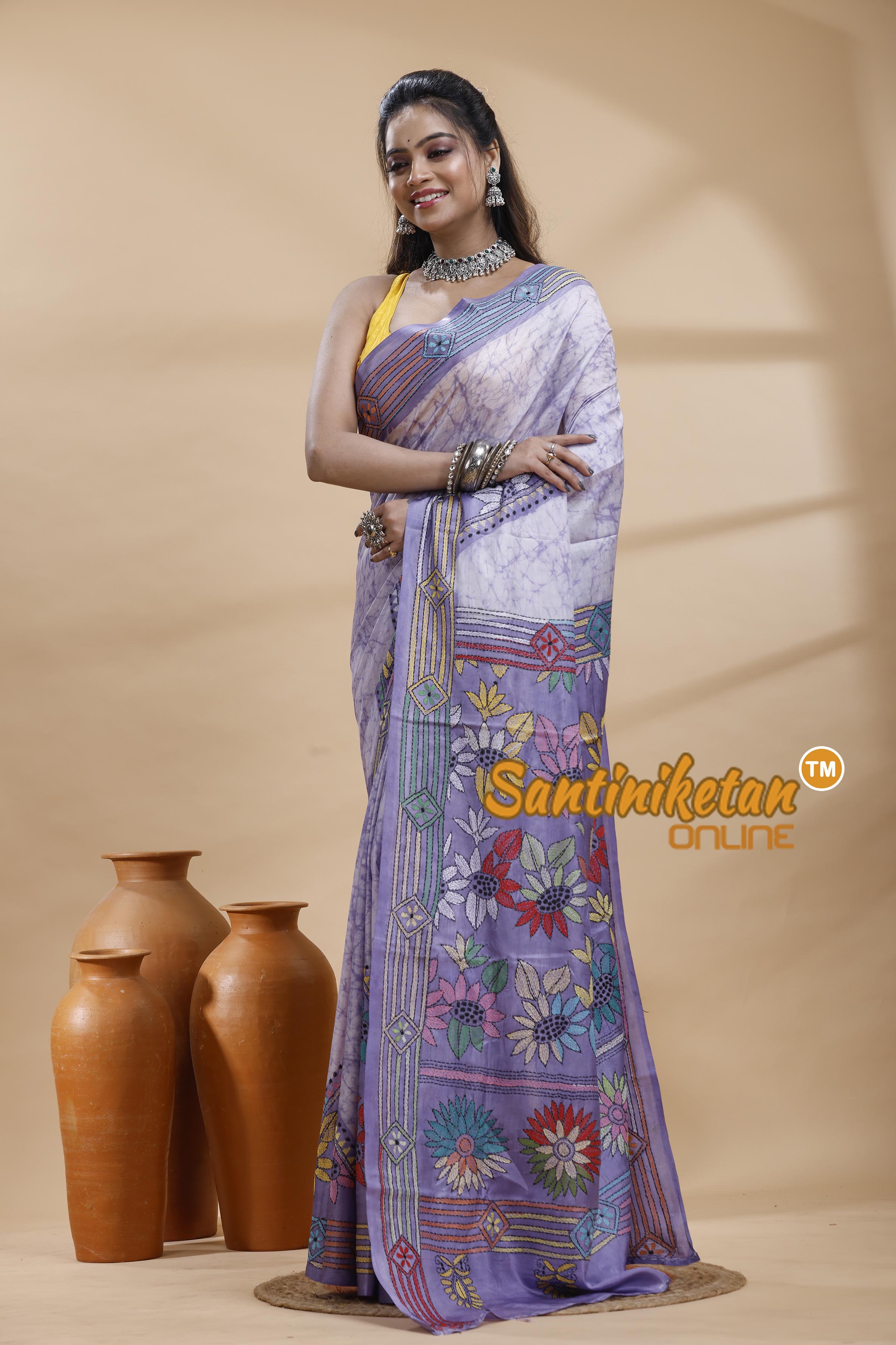 Bangalore Silk Batik Kantha Stitch Saree
