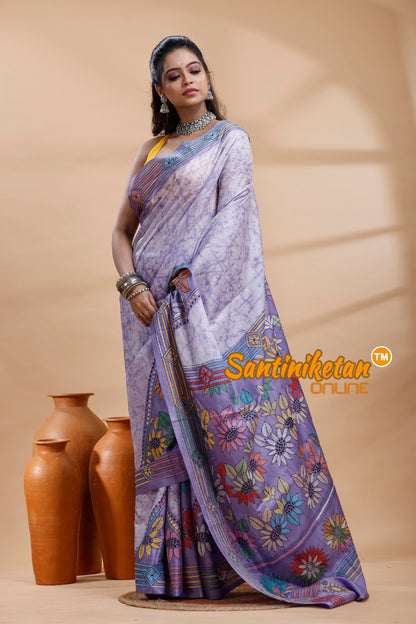 Bangalore Silk Batik Kantha Stitch Saree