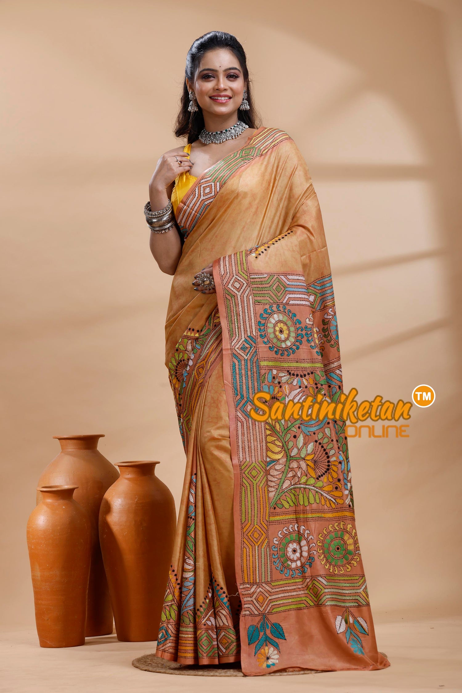 Bangalore Silk Batik Kantha Stitch Saree
