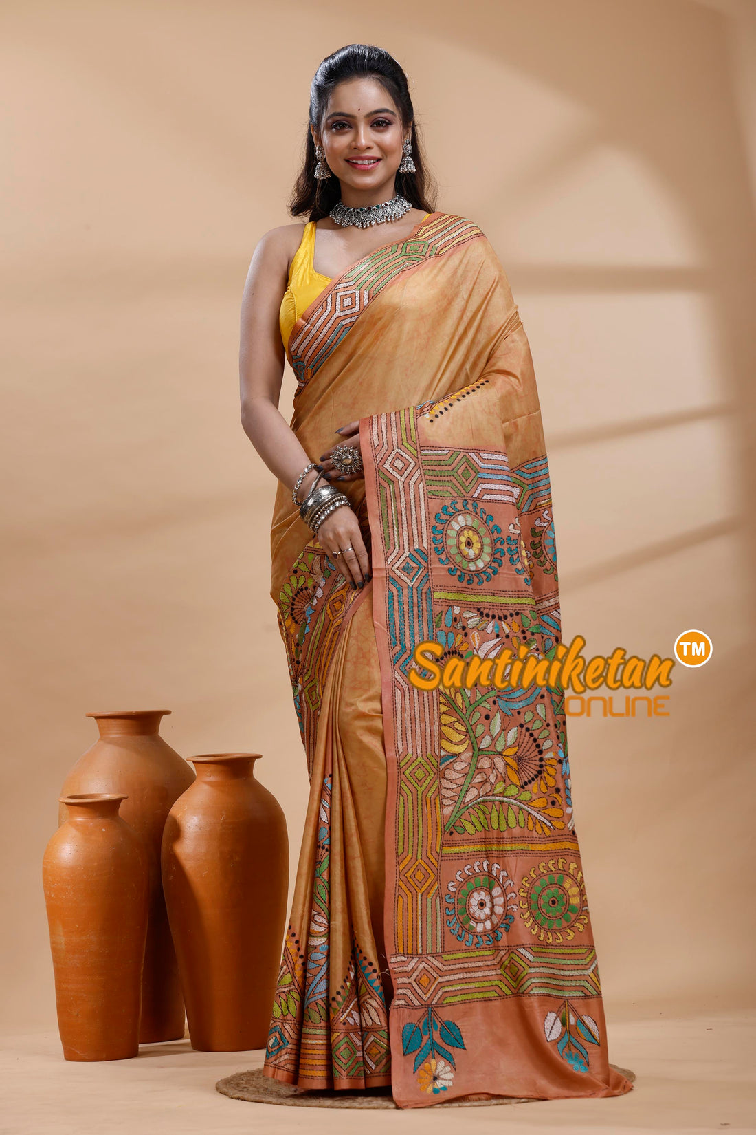 Bangalore Silk Batik Kantha Stitch Saree
