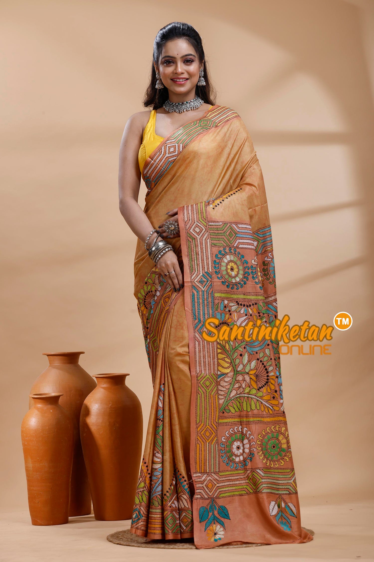 Bangalore Silk Batik Kantha Stitch Saree