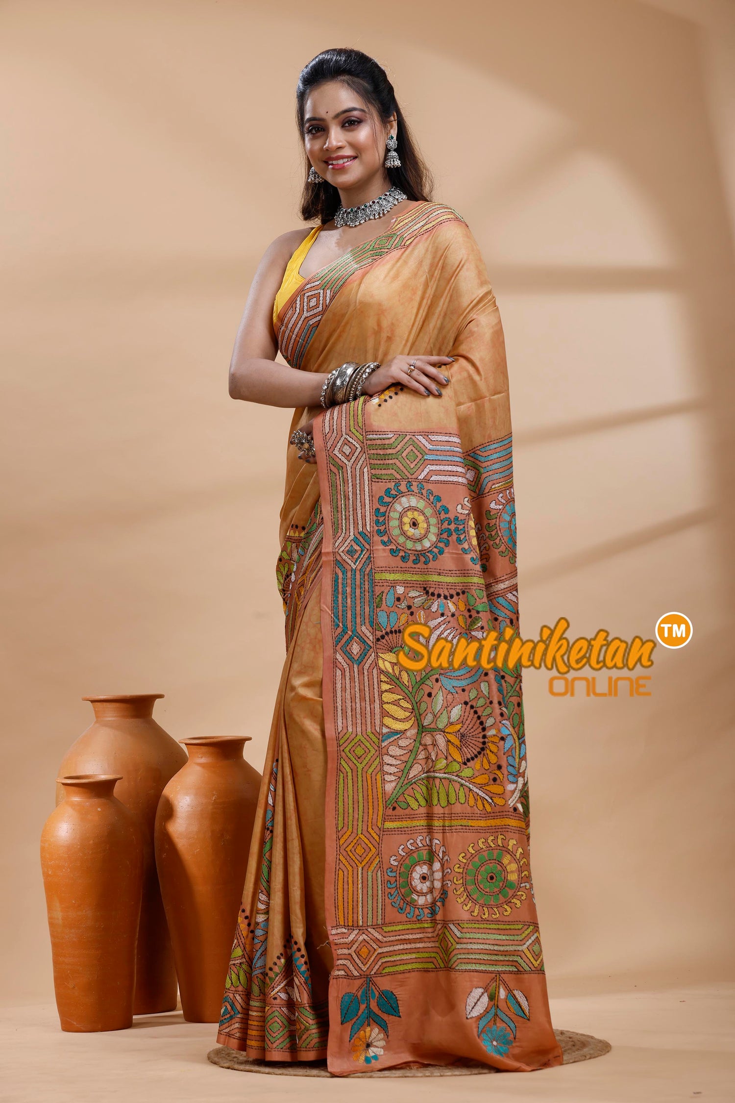 Bangalore Silk Batik Kantha Stitch Saree
