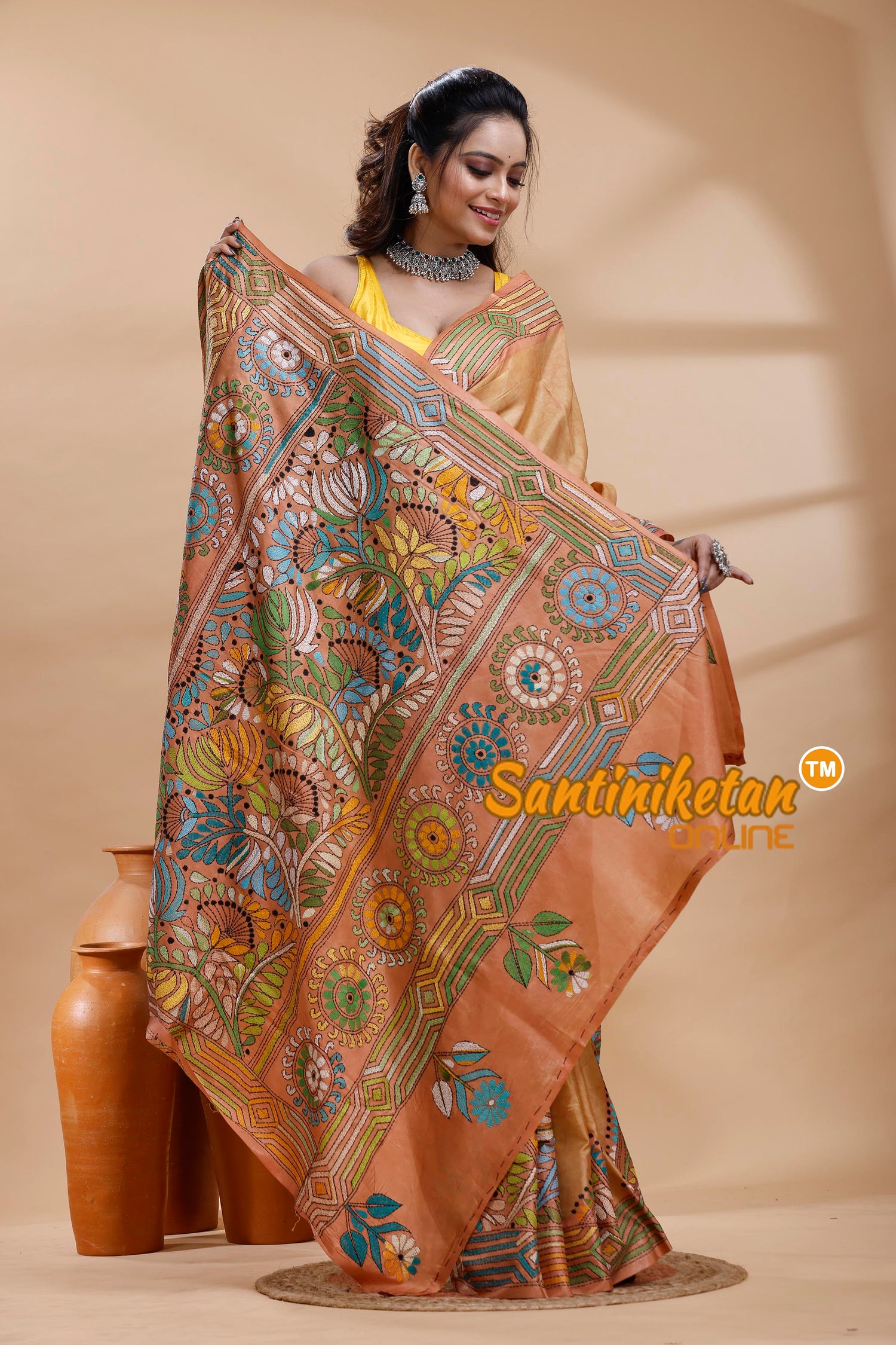 Bangalore Silk Batik Kantha Stitch Saree