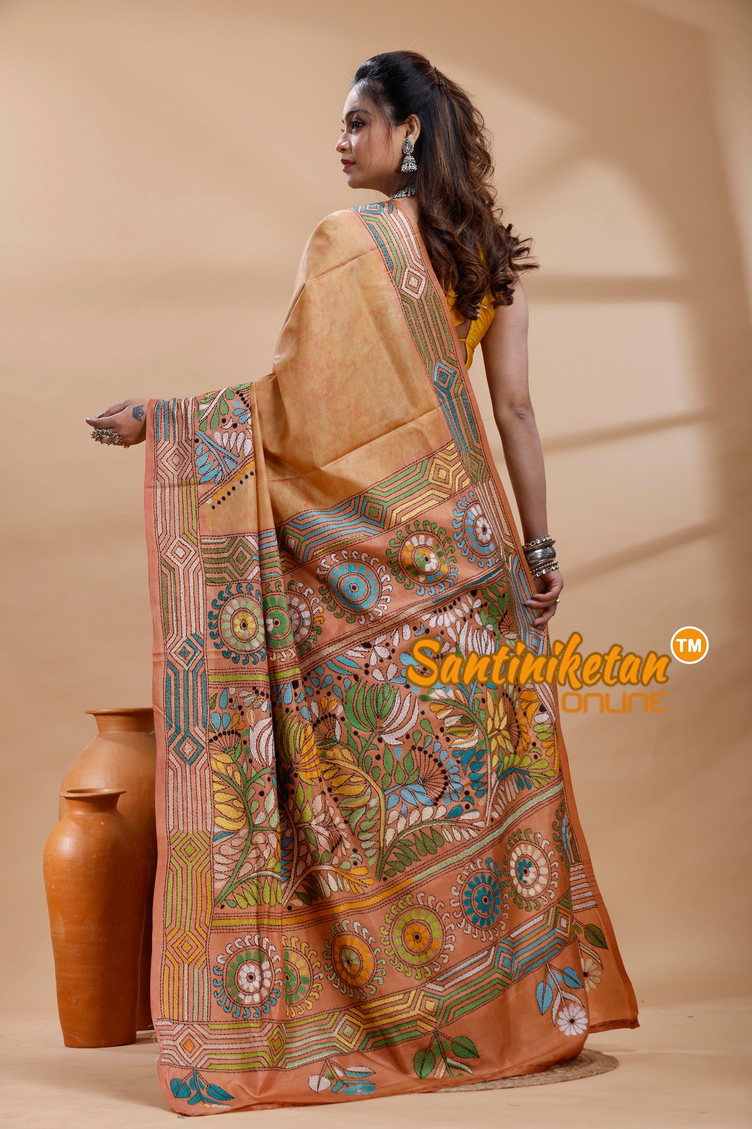 Bangalore Silk Batik Kantha Stitch Saree