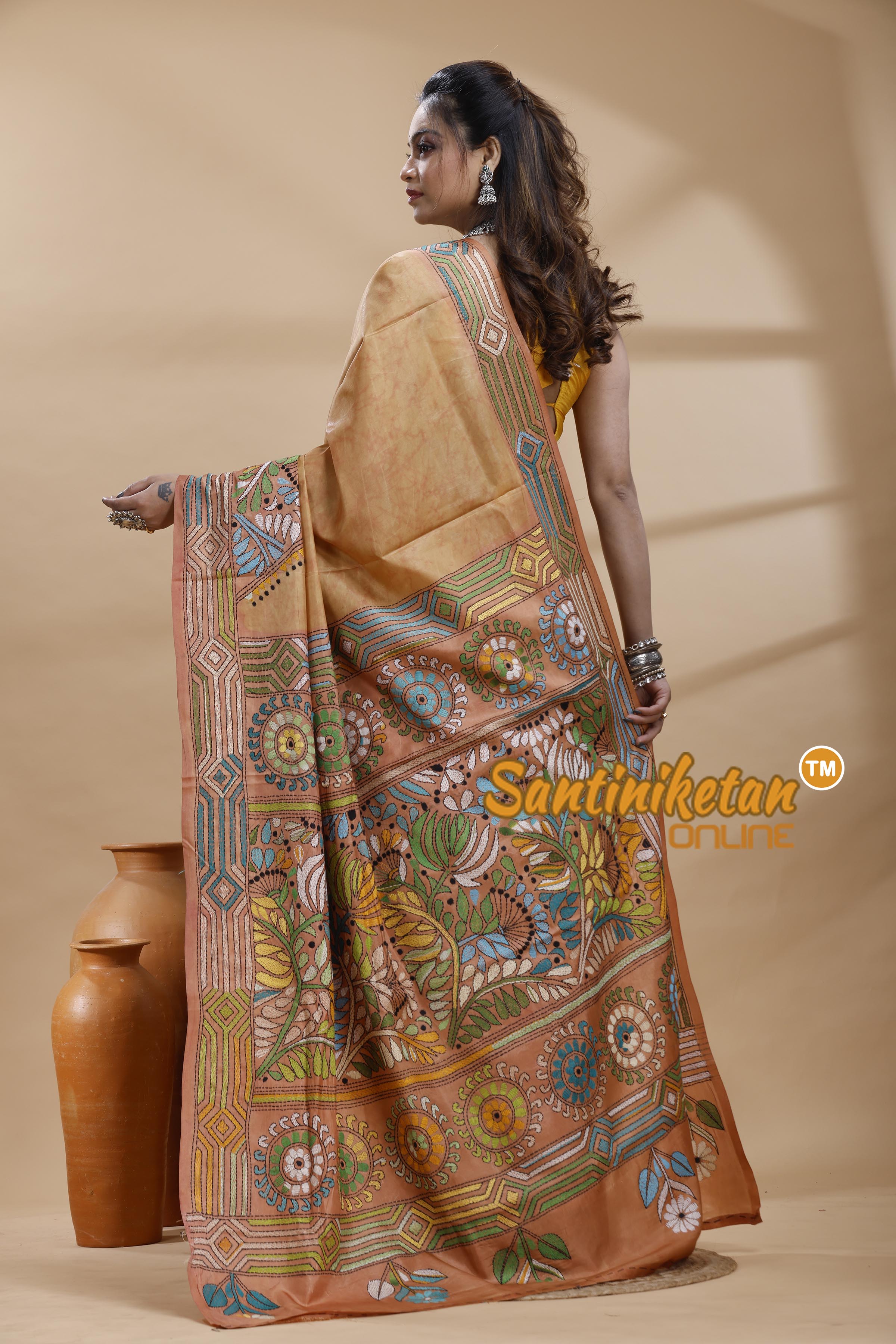 Bangalore Silk Batik Kantha Stitch Saree