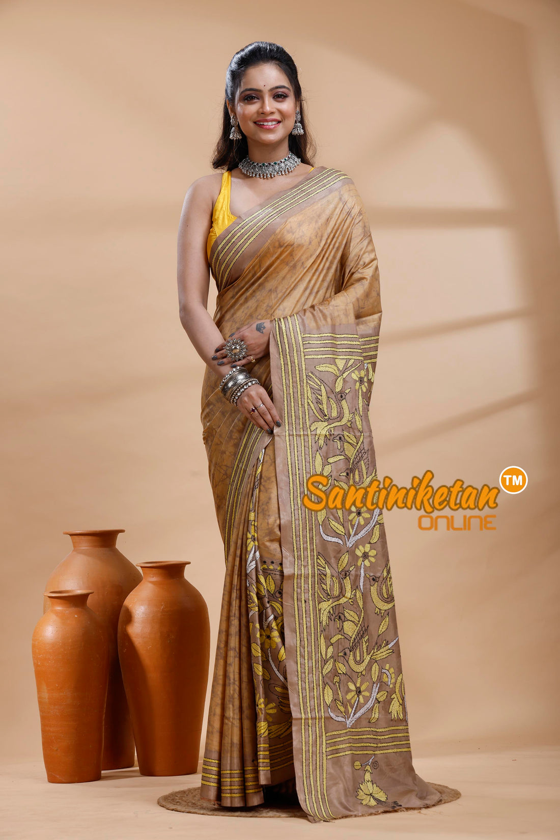 Bangalore Silk Batik Kantha Stitch Saree