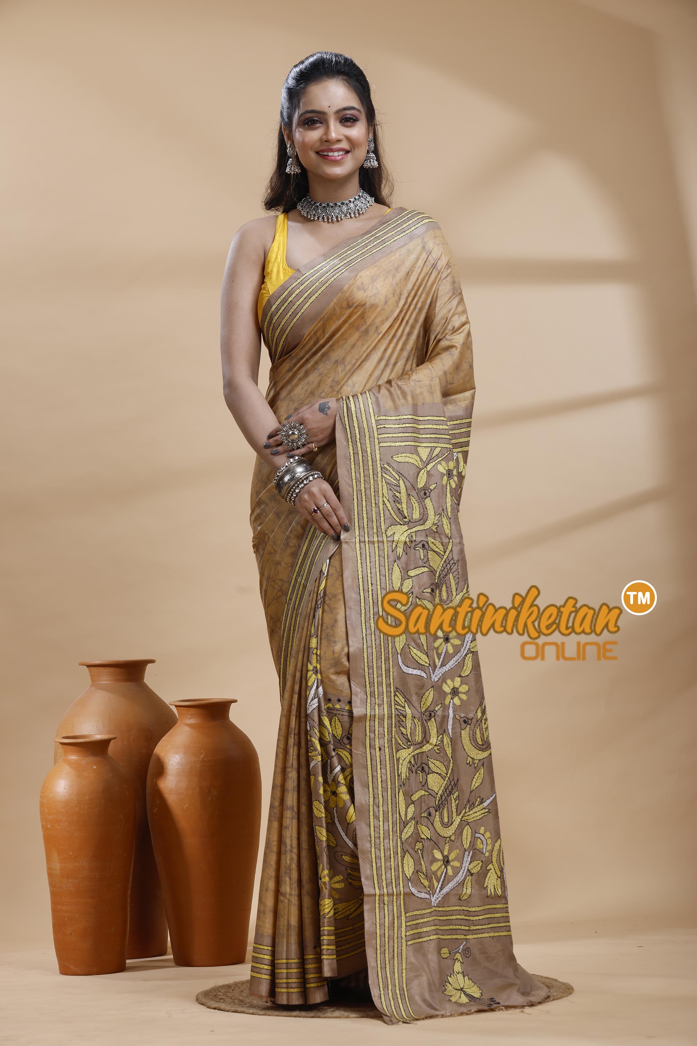 Bangalore Silk Batik Kantha Stitch Saree