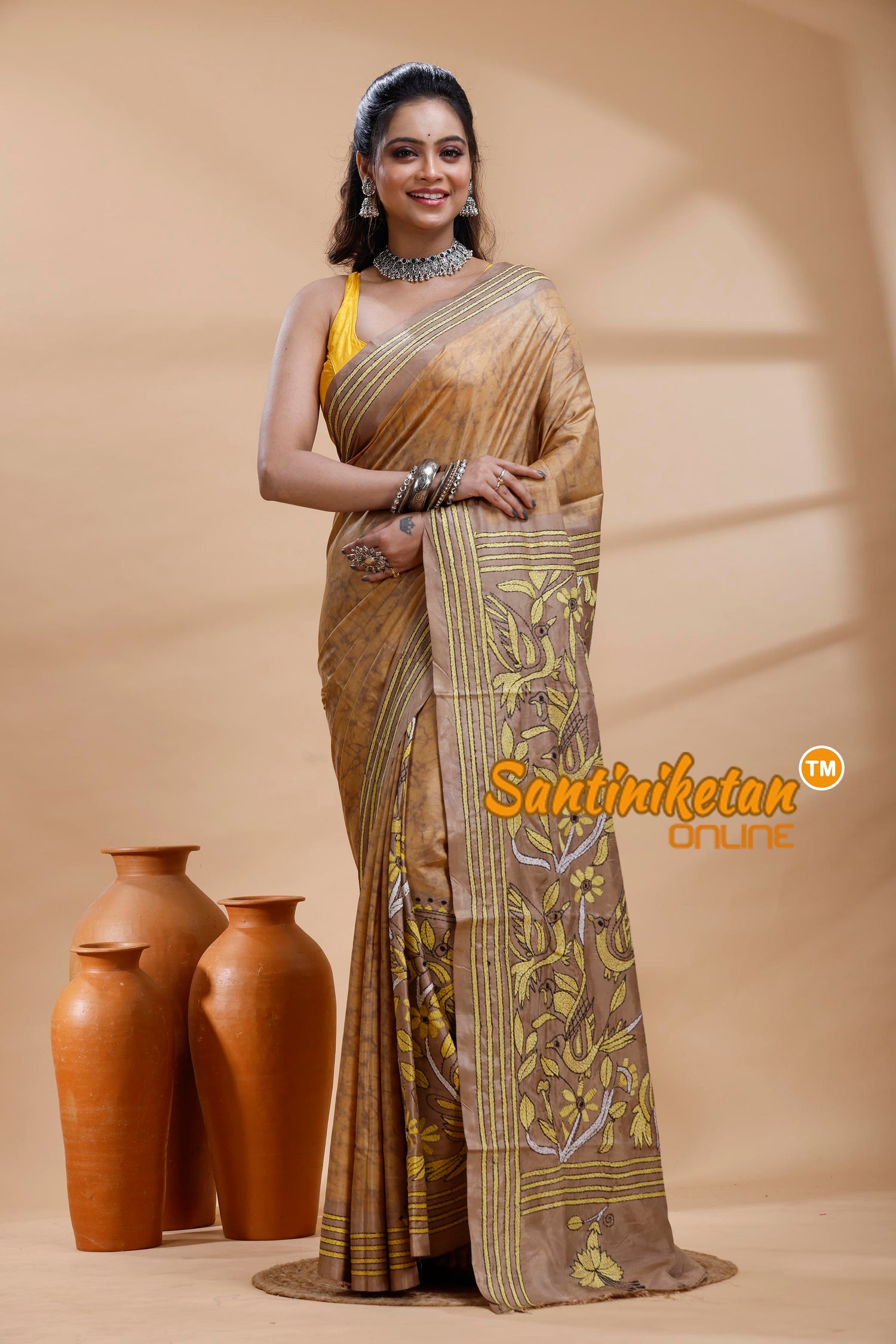 Bangalore Silk Batik Kantha Stitch Saree