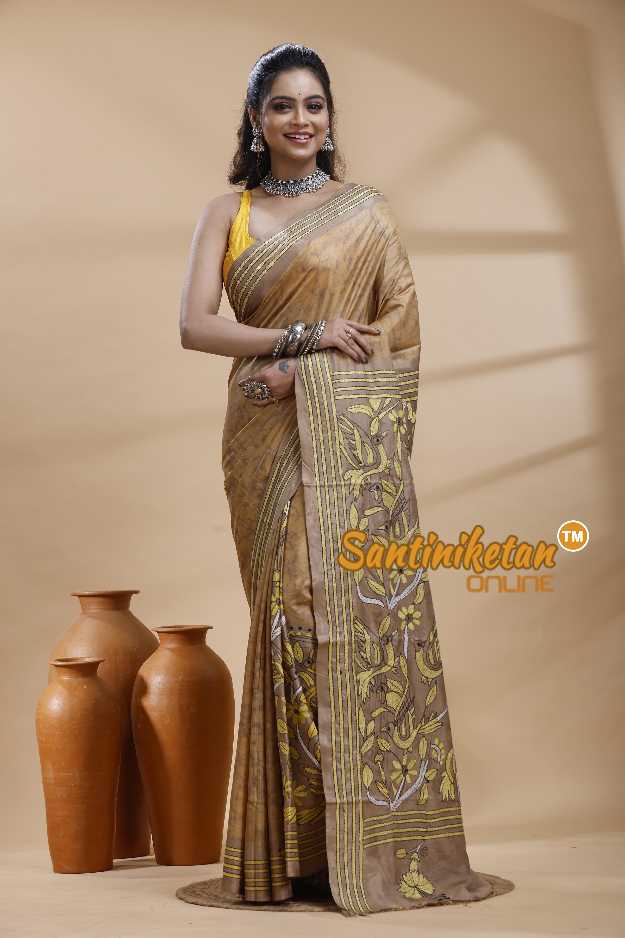 Bangalore Silk Batik Kantha Stitch Saree