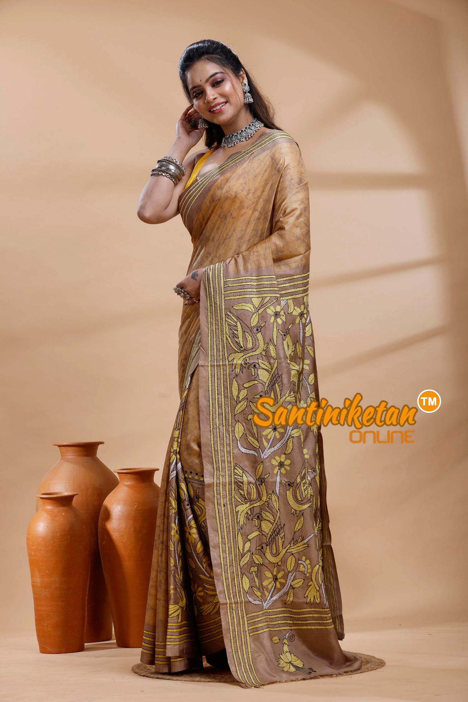 Bangalore Silk Batik Kantha Stitch Saree