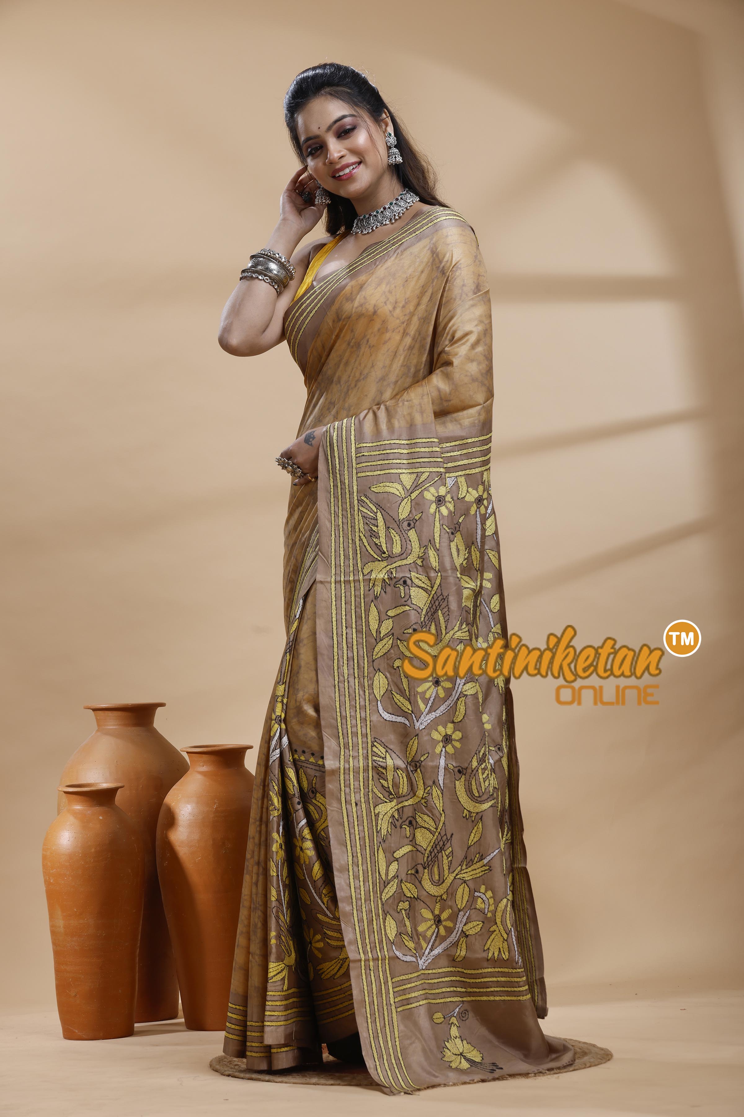 Bangalore Silk Batik Kantha Stitch Saree