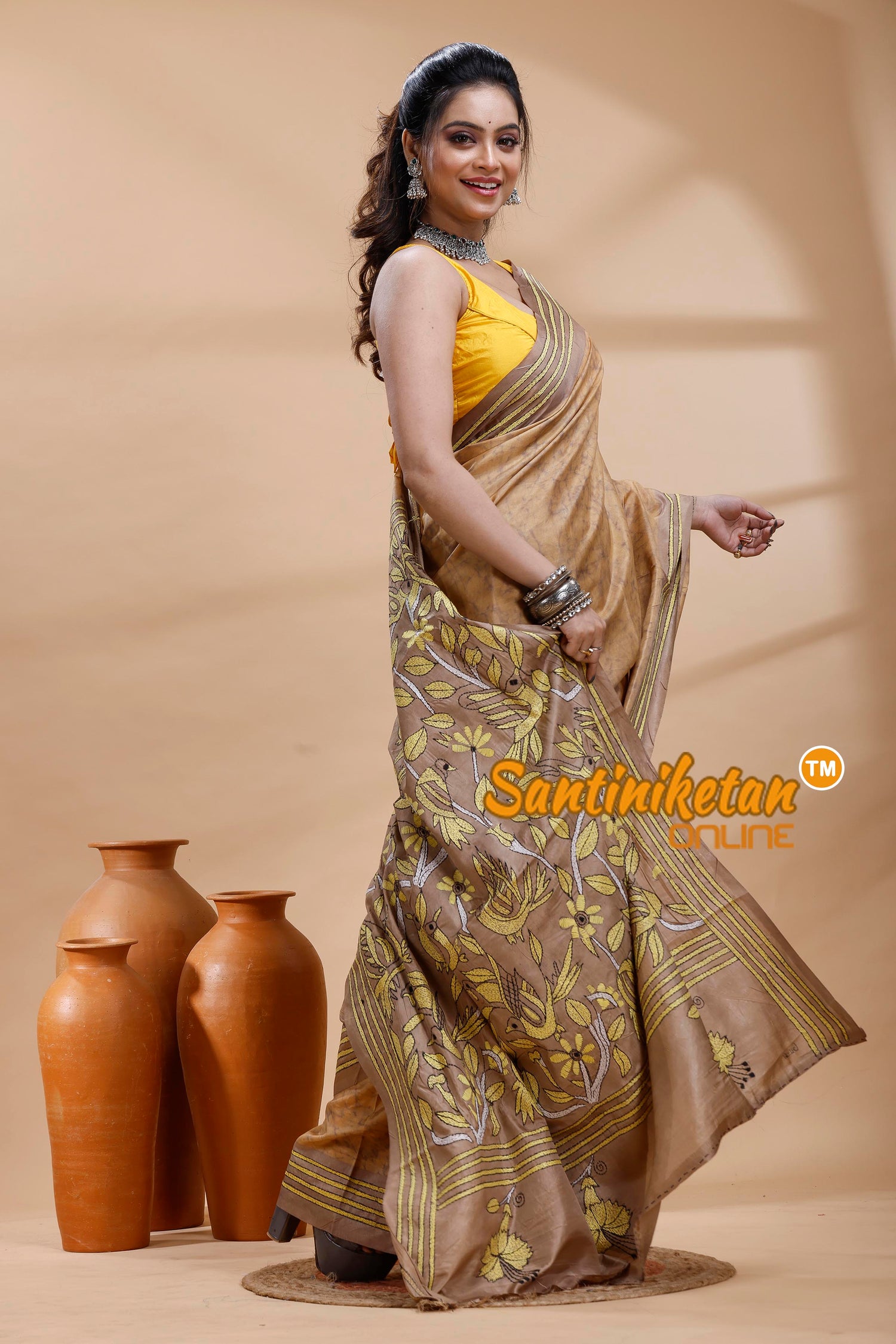 Bangalore Silk Batik Kantha Stitch Saree