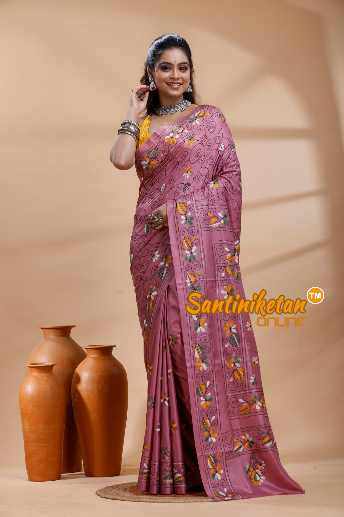Bangalore Silk Kantha Stitch Saree