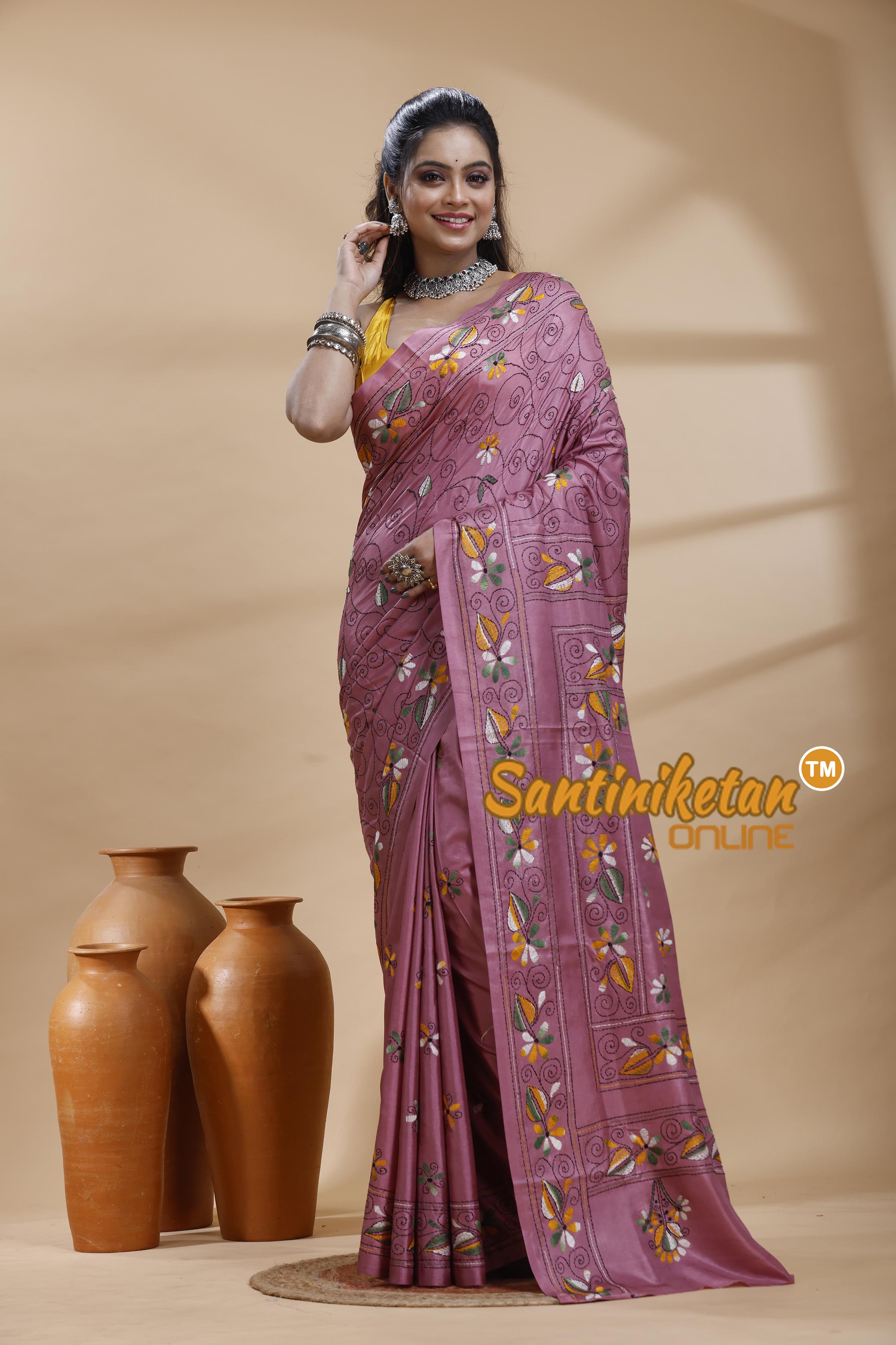 Bangalore Silk Kantha Stitch Saree