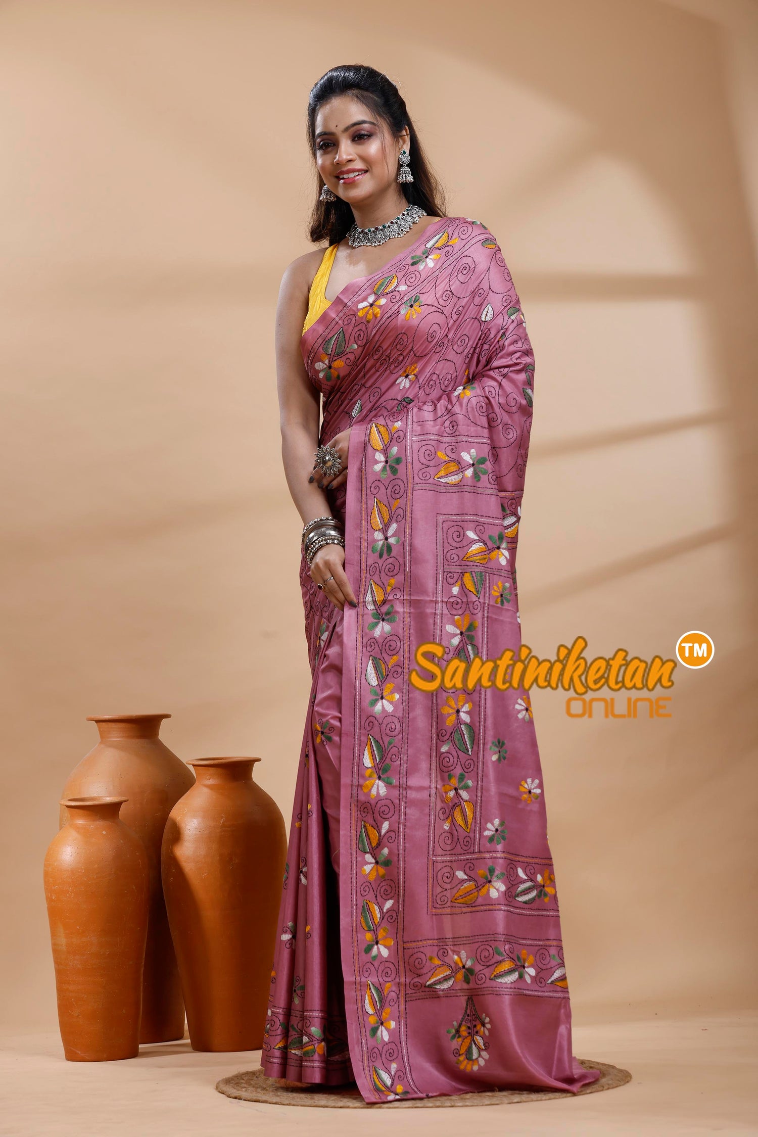 Bangalore Silk Kantha Stitch Saree