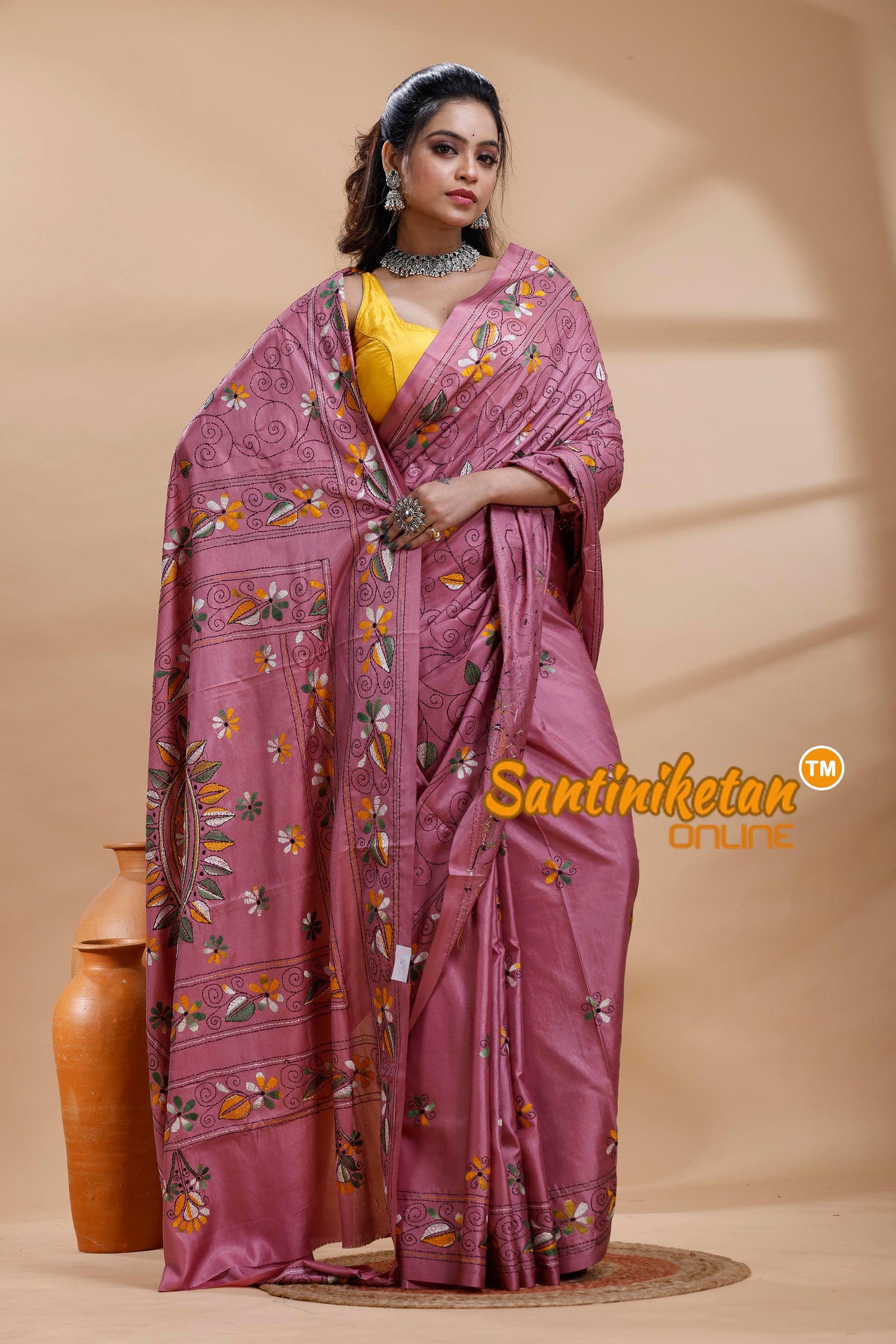 Bangalore Silk Kantha Stitch Saree