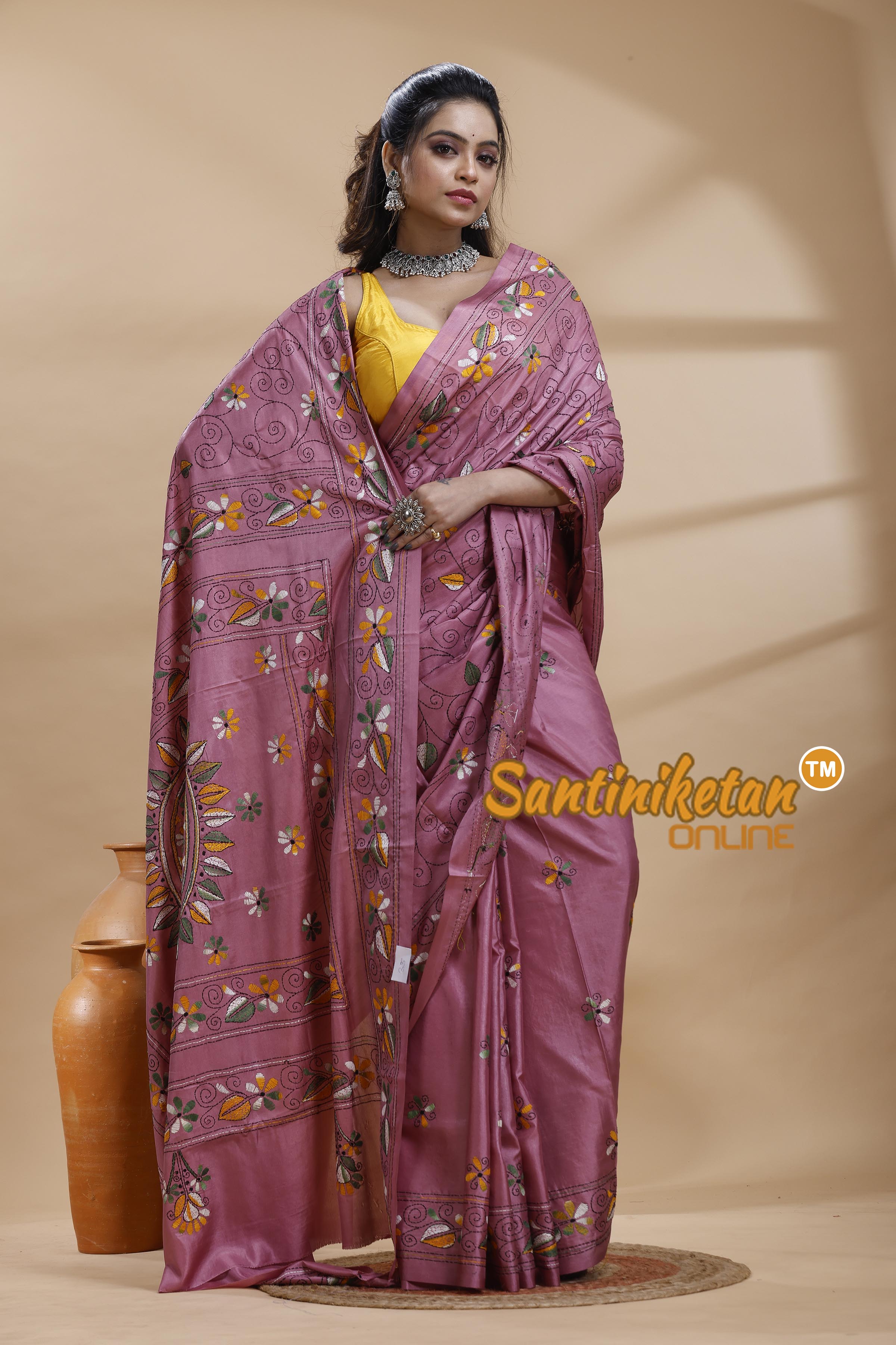 Bangalore Silk Kantha Stitch Saree