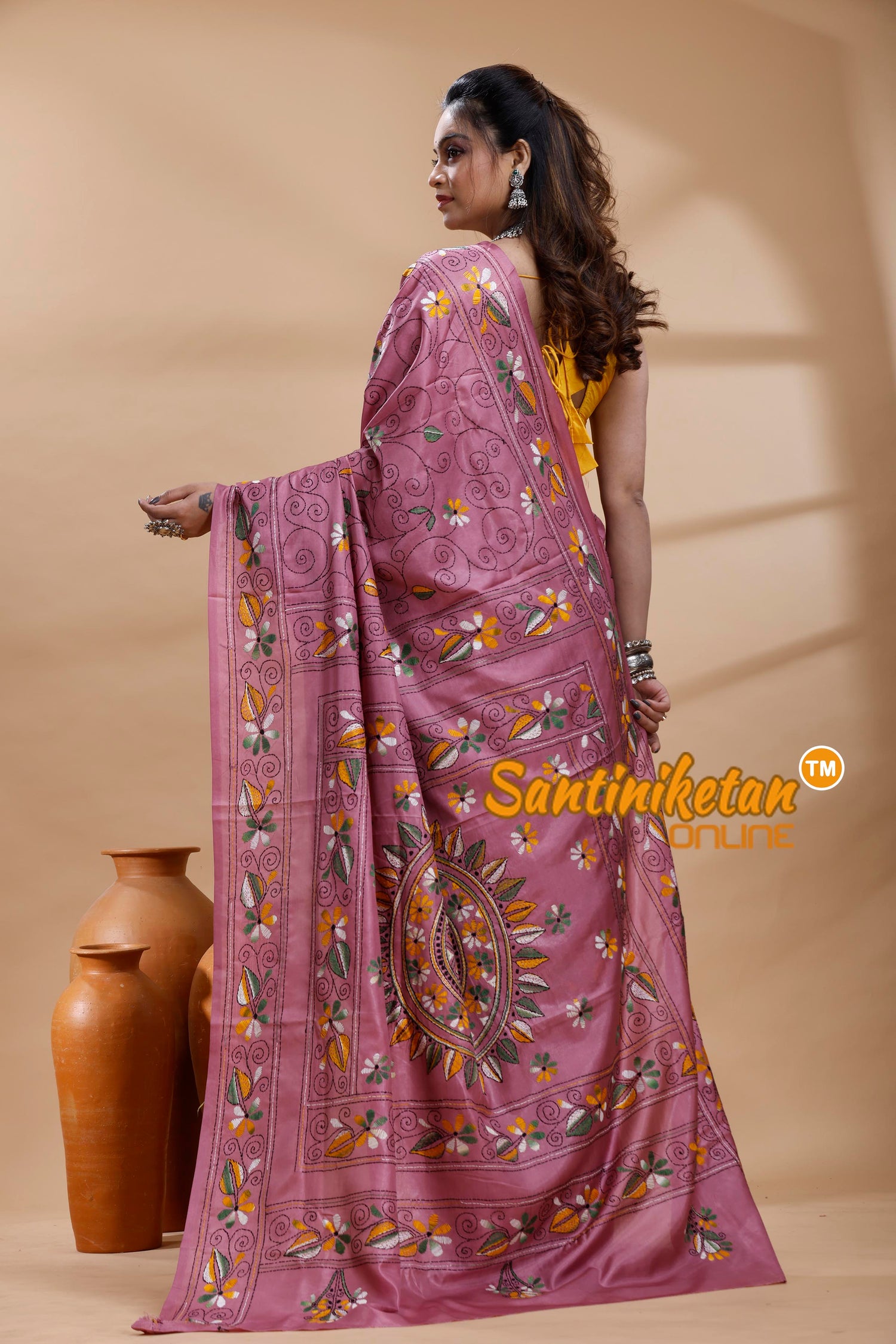 Bangalore Silk Kantha Stitch Saree